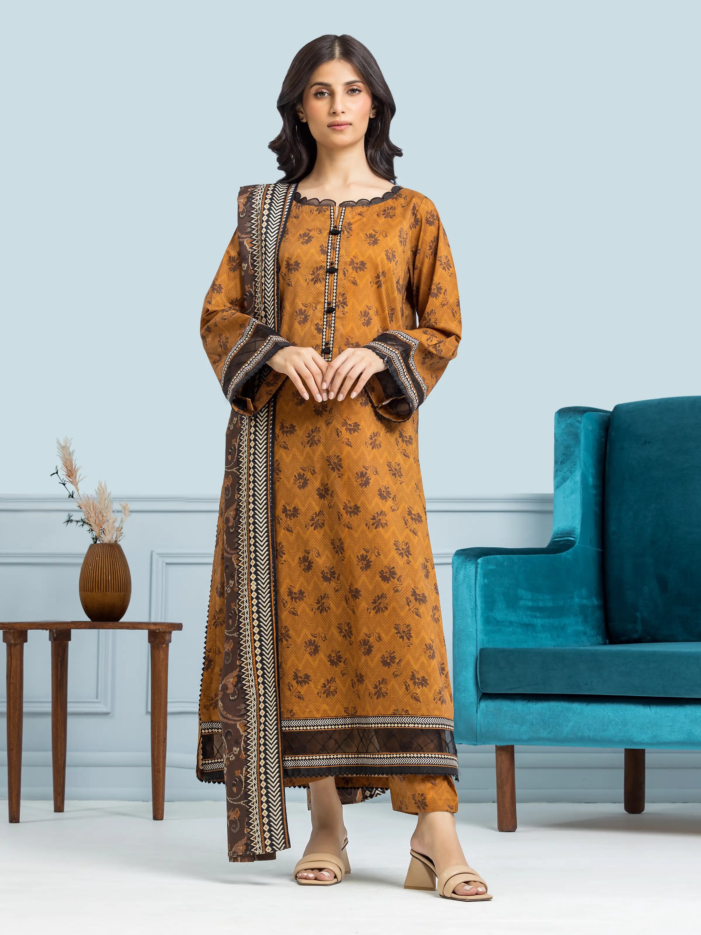 Unstitched Brown Printed Khaddar 3 Piece - EWU24A3-29578-3P