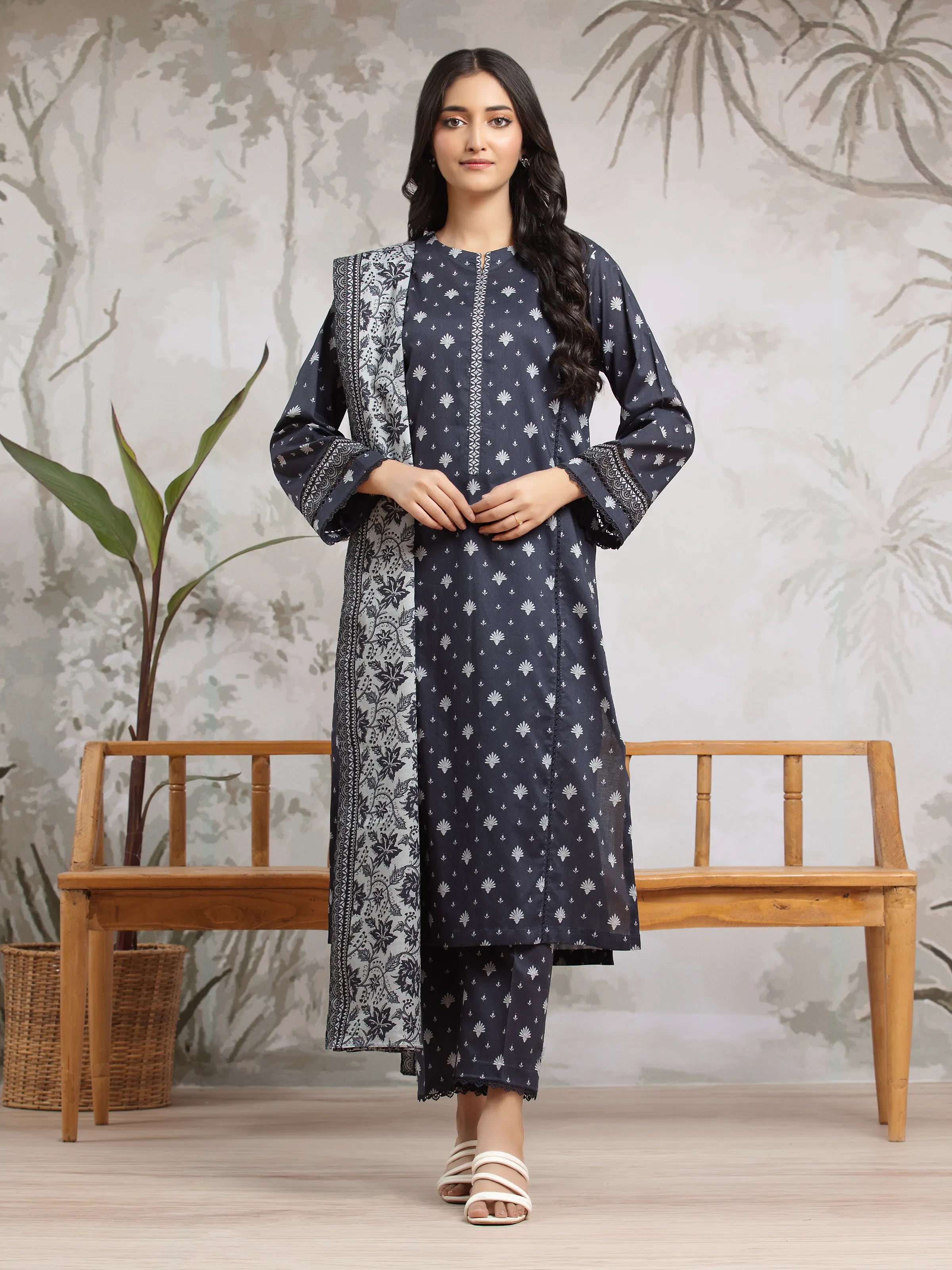 Unstitched Dark Navy Printed Khaddar 3 Piece - EWU24A3-29595-3P