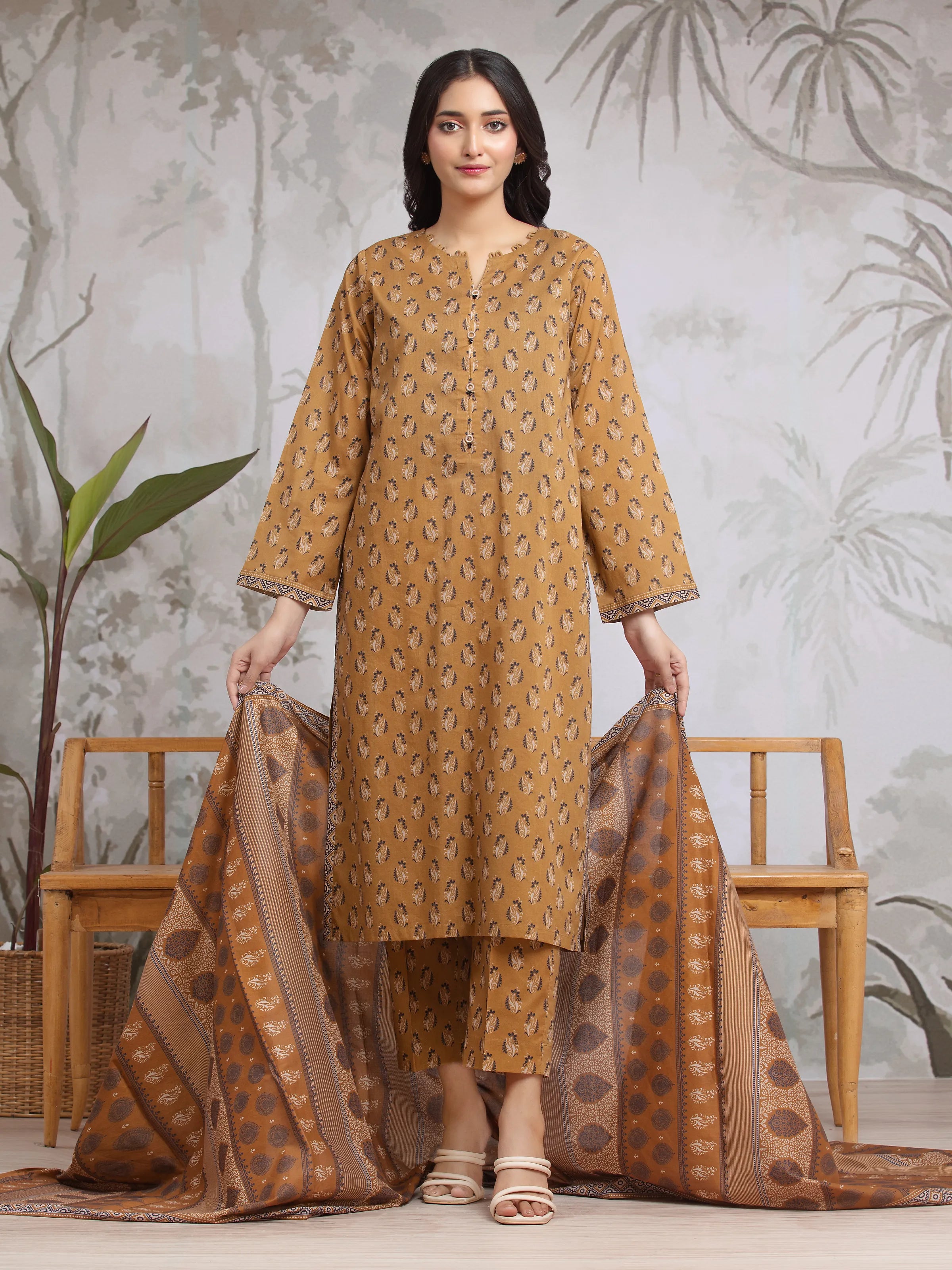 Unstitched Brown Printed Khaddar 3 Piece - EWU24A3-29598-3P