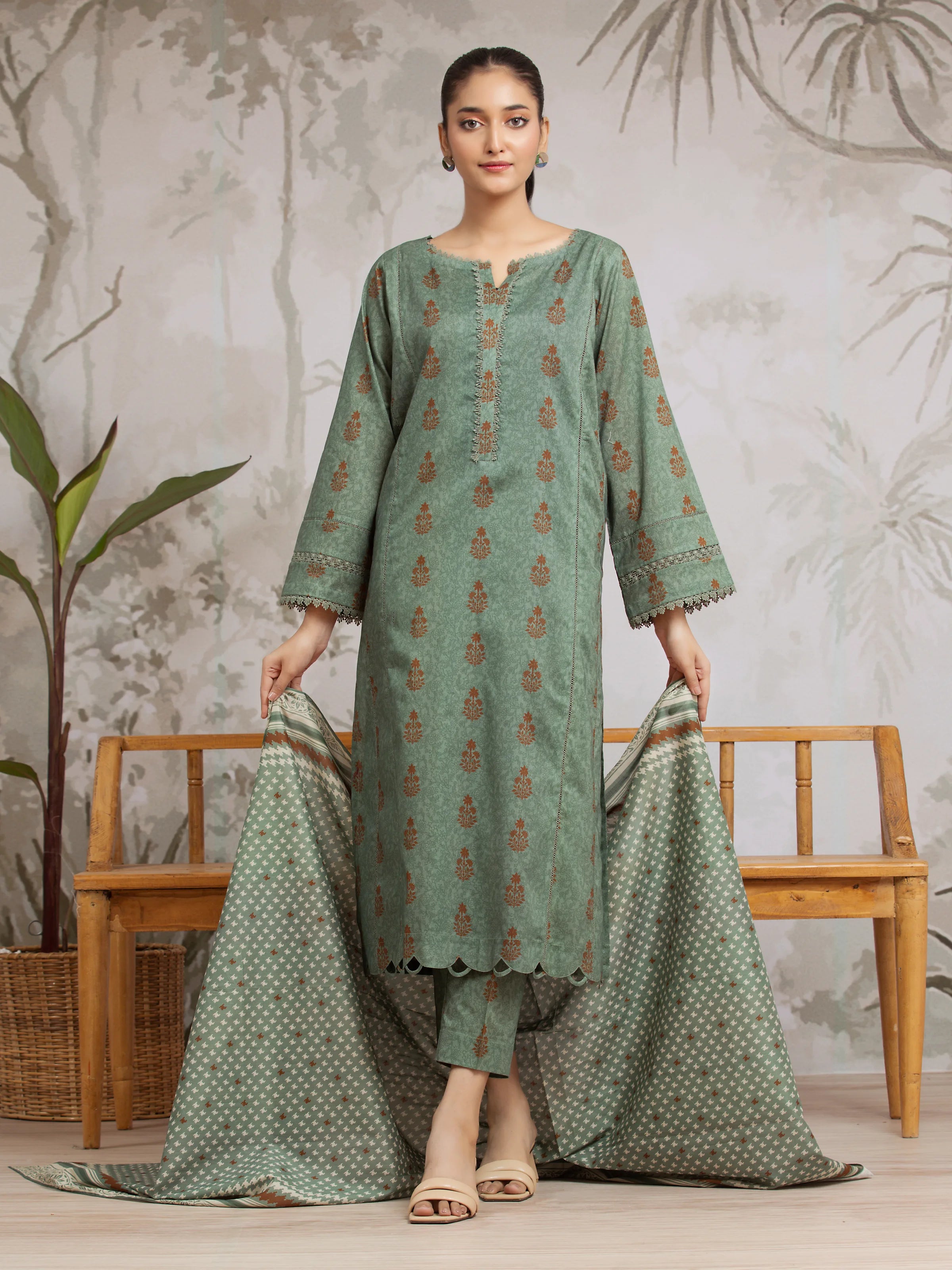 Unstitched Teal Green Printed Khaddar 3 Piece - EWU24A3-29600-3P