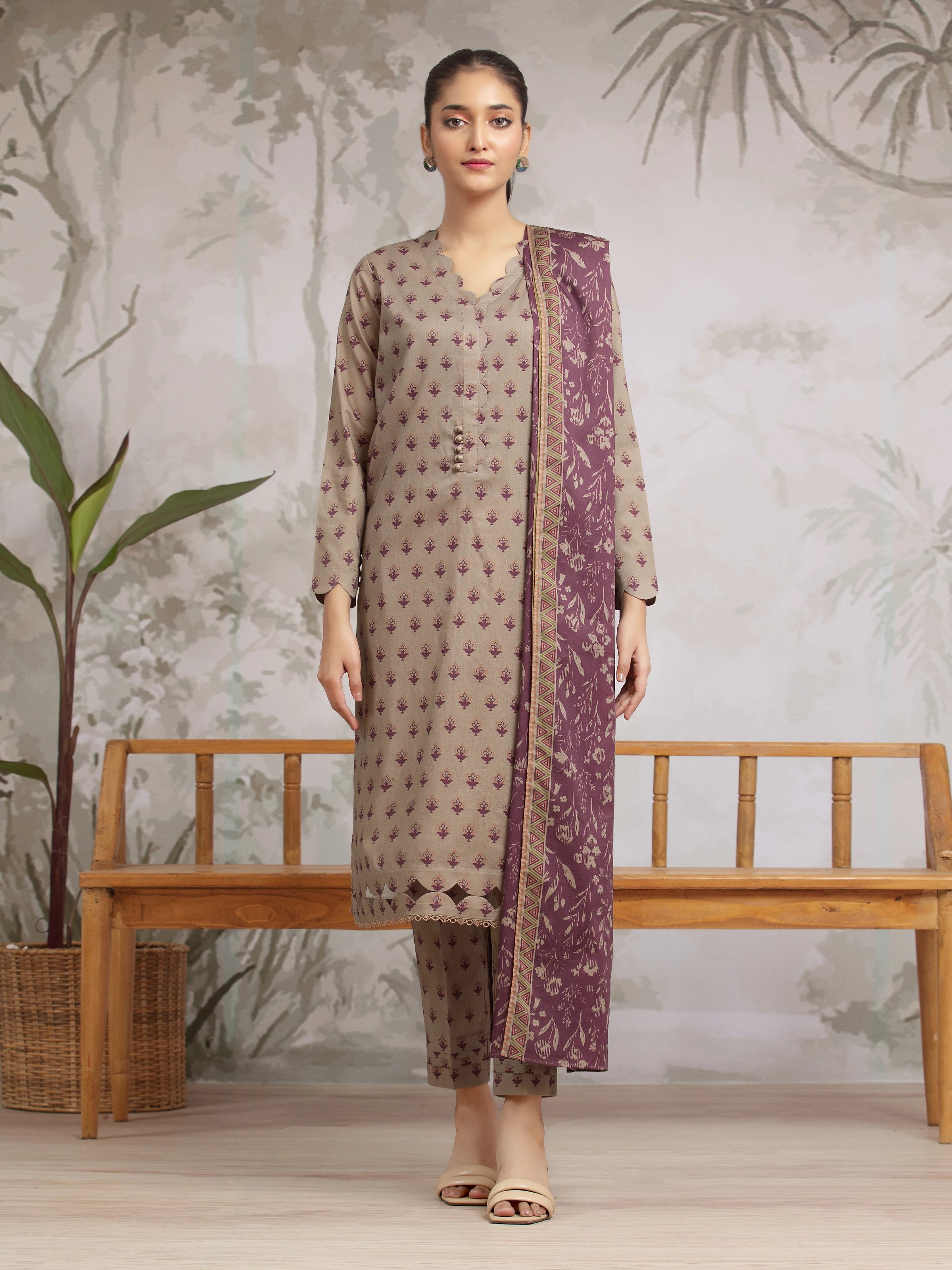 Unstitched Light Brown Printed Khaddar 3 Piece - EWU24A3-29602-3P