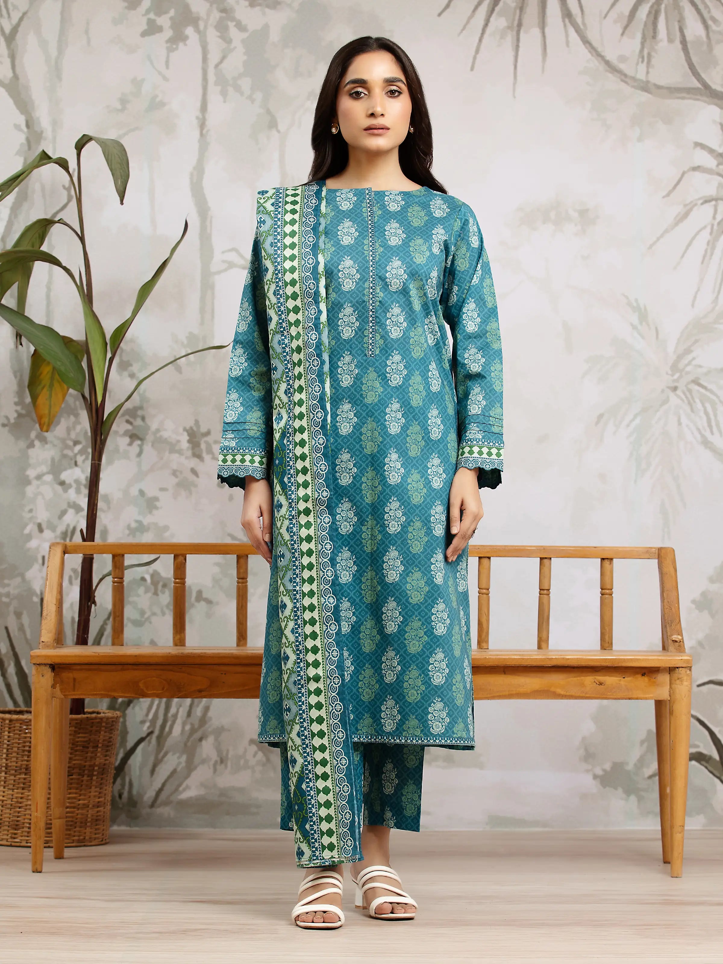 Unstitched Dark Turquoise Printed Khaddar 3 Piece - EWU24A3-29618-3P