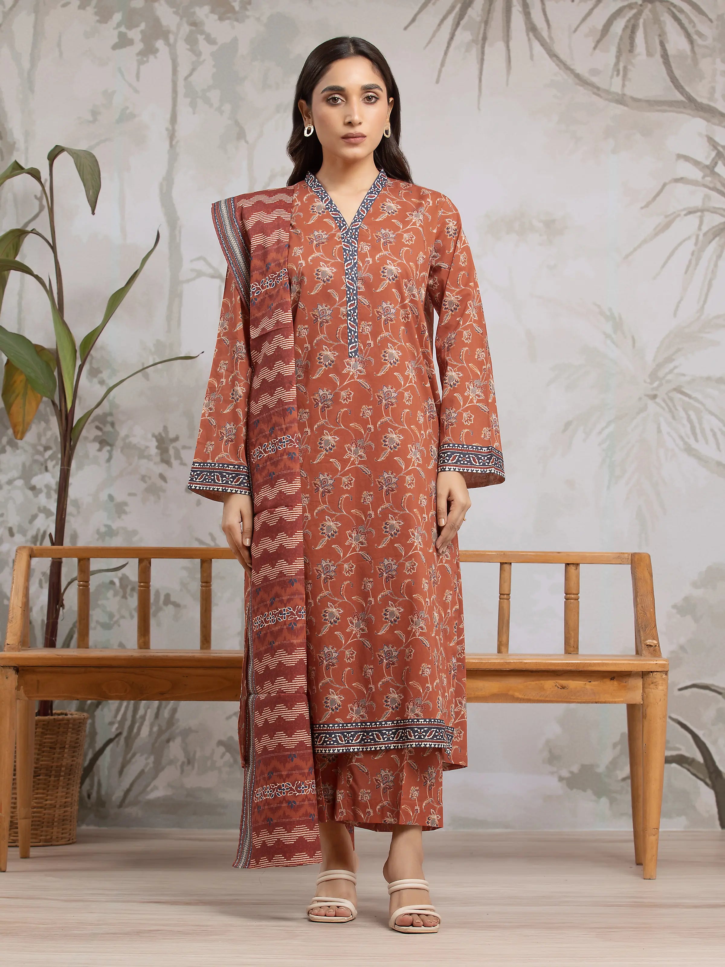 Unstitched Rust Printed Khaddar 3 Piece - EWU24A3-29619-3P