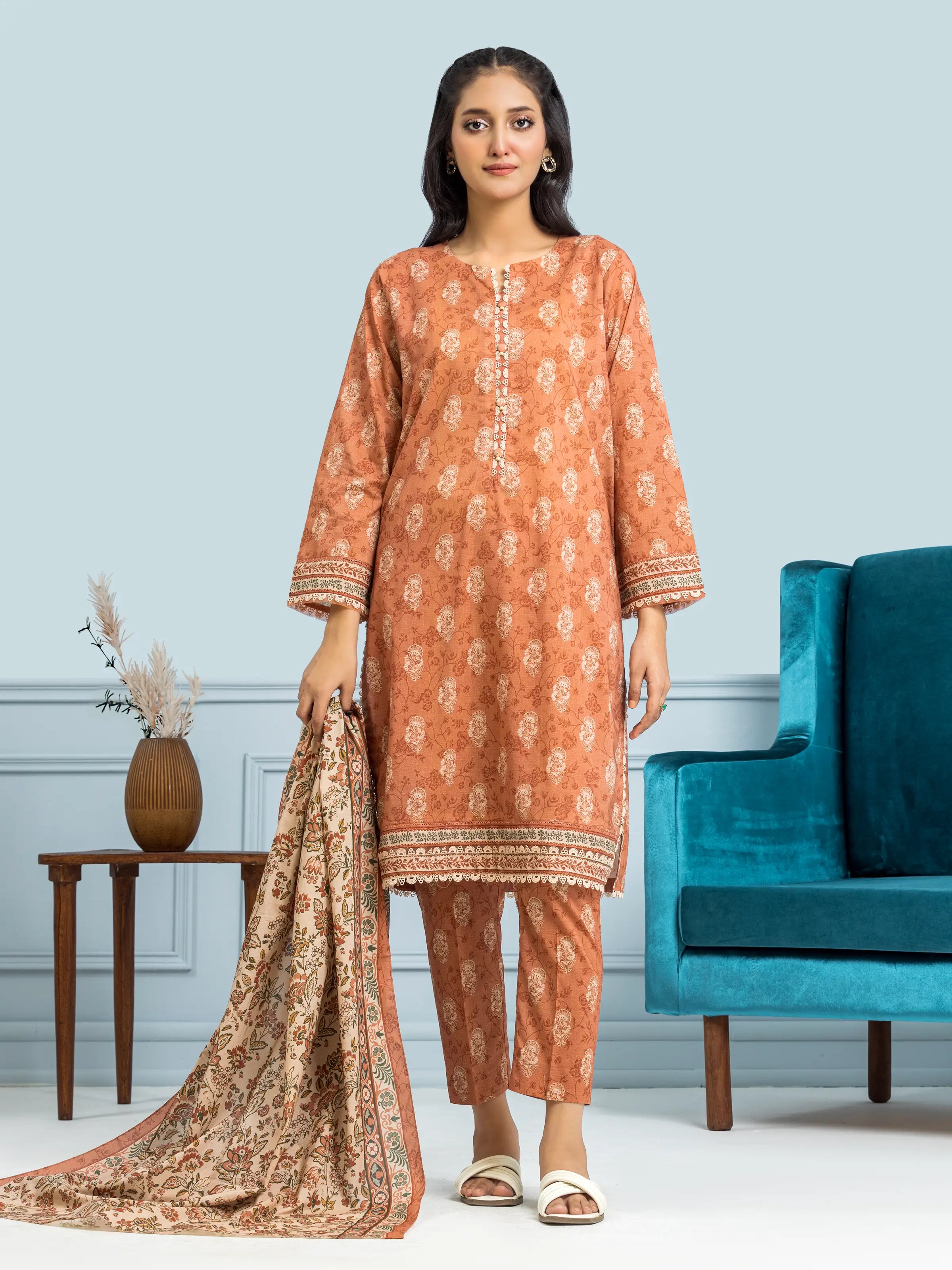 Unstitched Dark Peach Printed Khaddar 3 Piece - EWU24A3-29644-3P