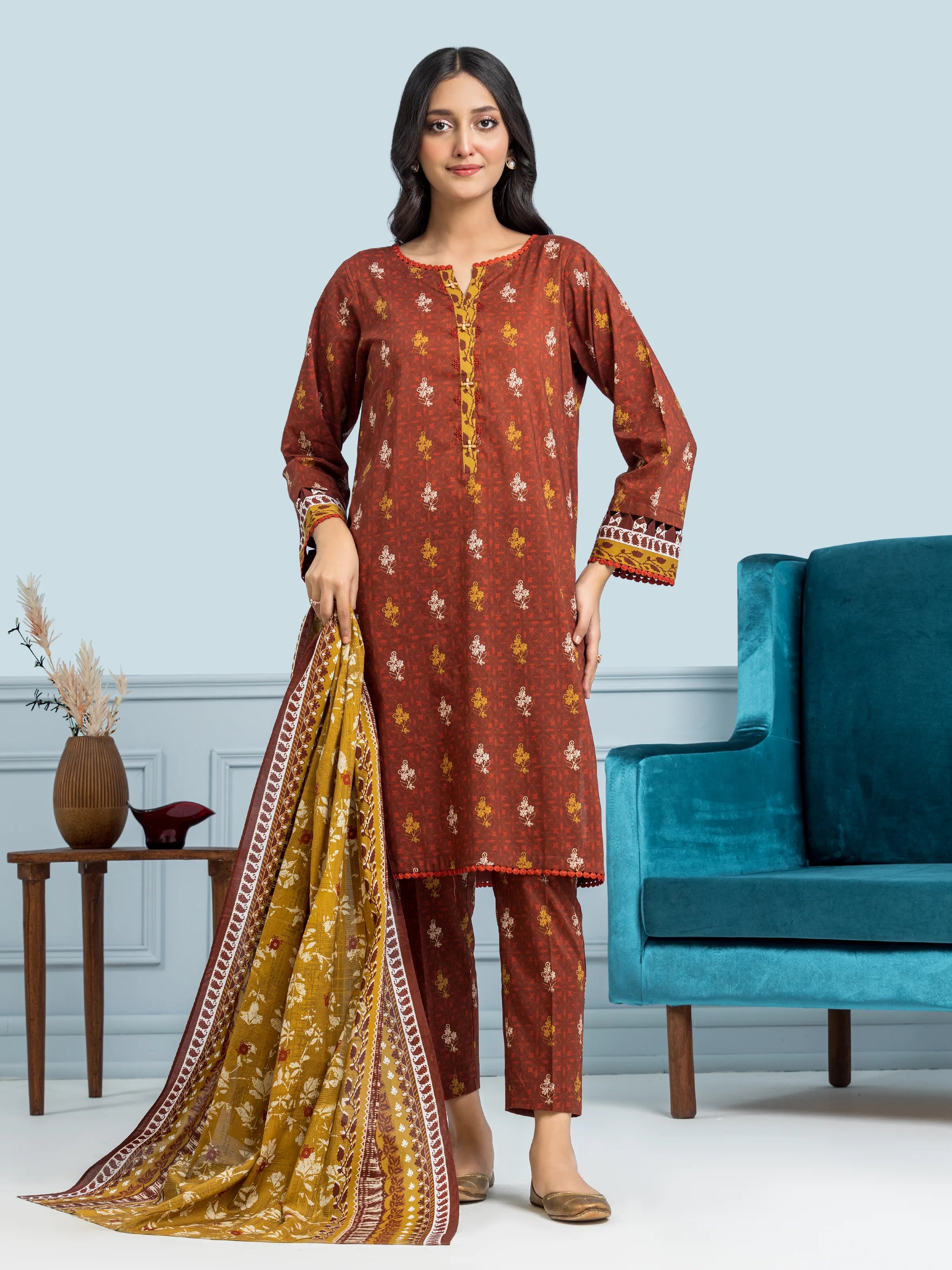 Unstitched Dark Rust Printed Khaddar 3 Piece - EWU24A3-29652-3P