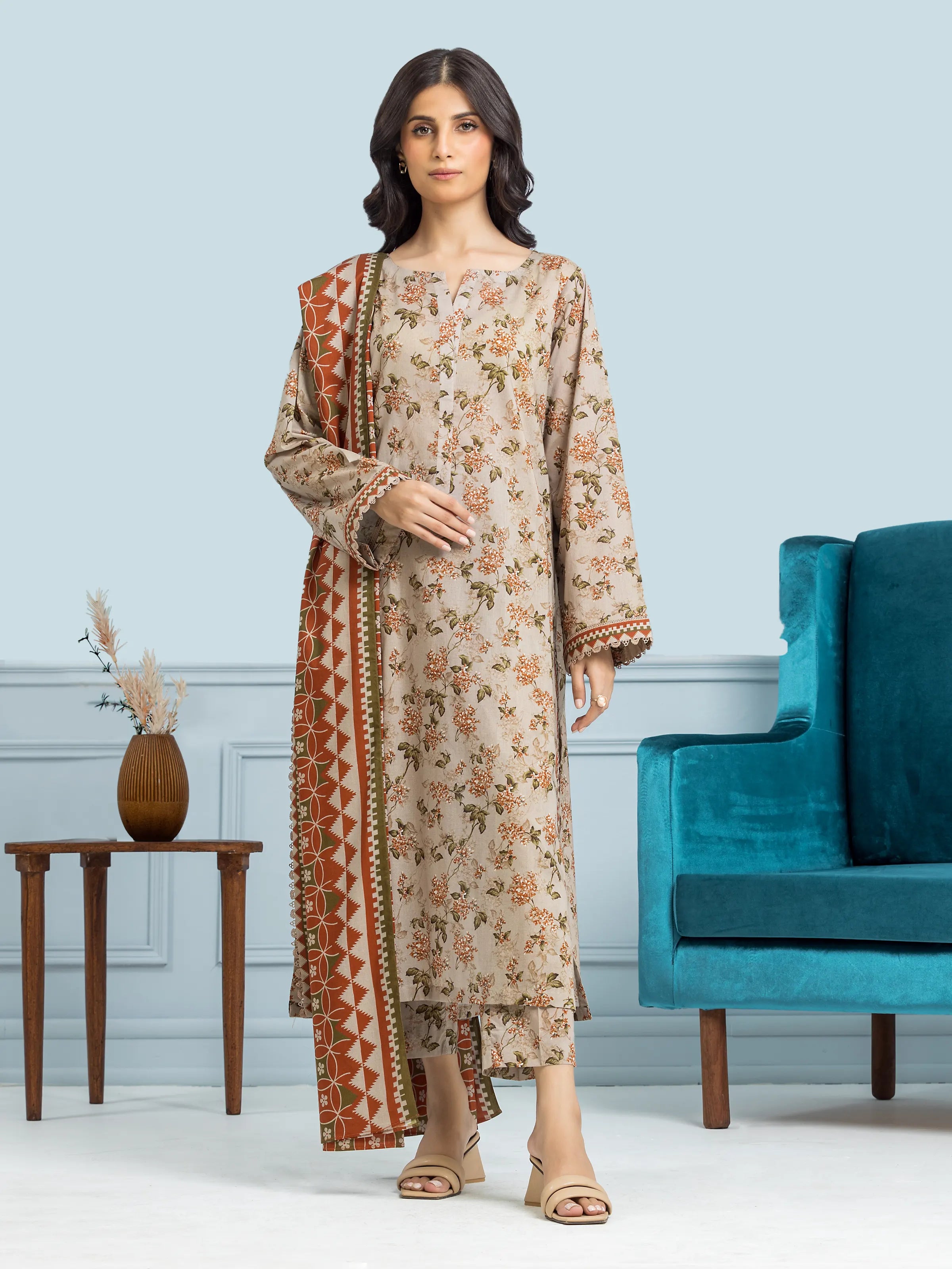 Unstitched Beige Printed Khaddar 3 Piece - EWU24A3-29715-3P