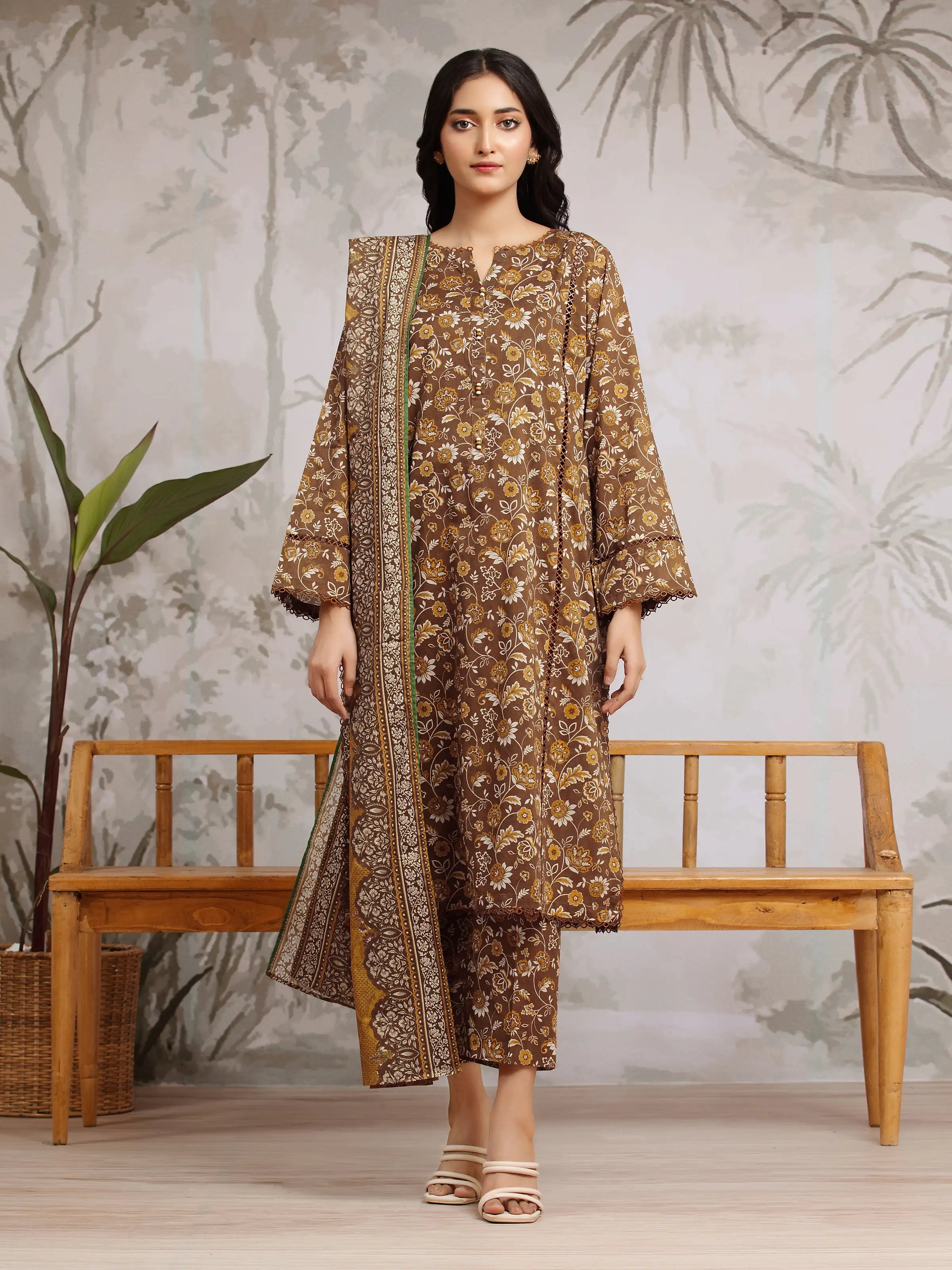 Unstitched Brown Printed Khaddar 3 Piece - EWU24A3-29804-3P