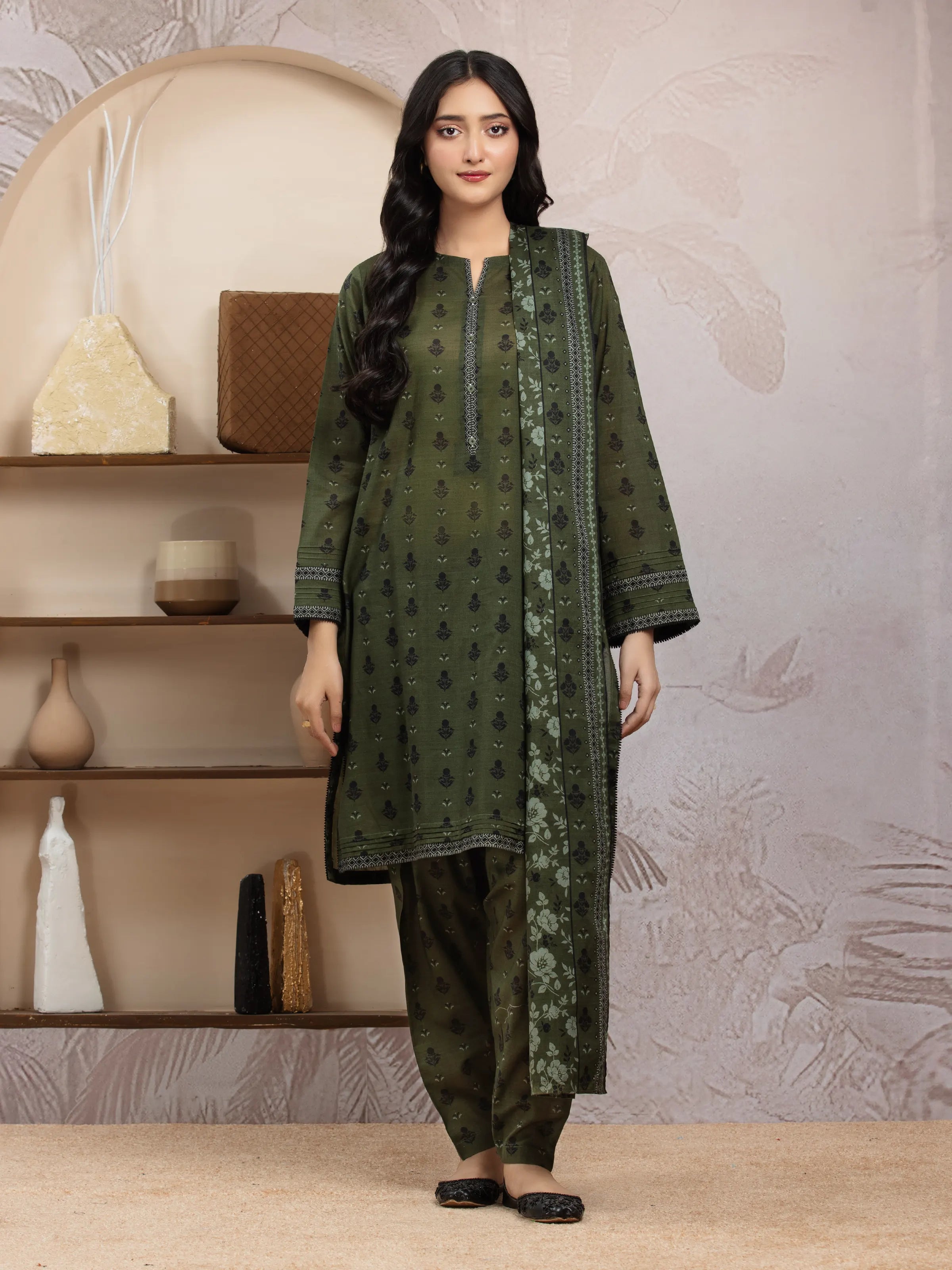 Unstitched Dark Green Printed Khaddar 3 Piece - EWU24A3-29833-3P