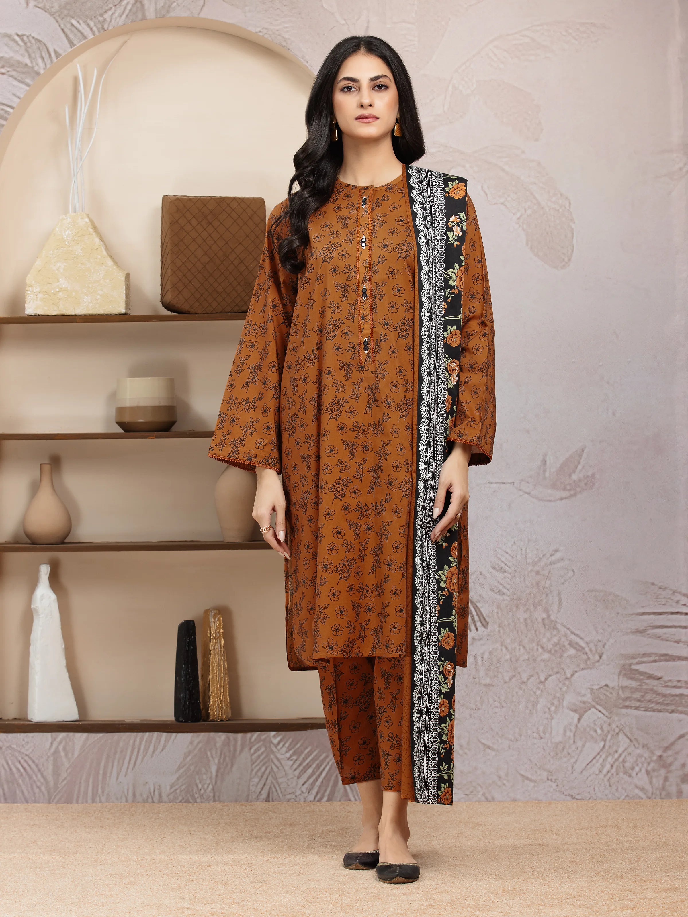 Unstitched Rust Printed Khaddar 3 Piece - EWU24A3-29834-3P