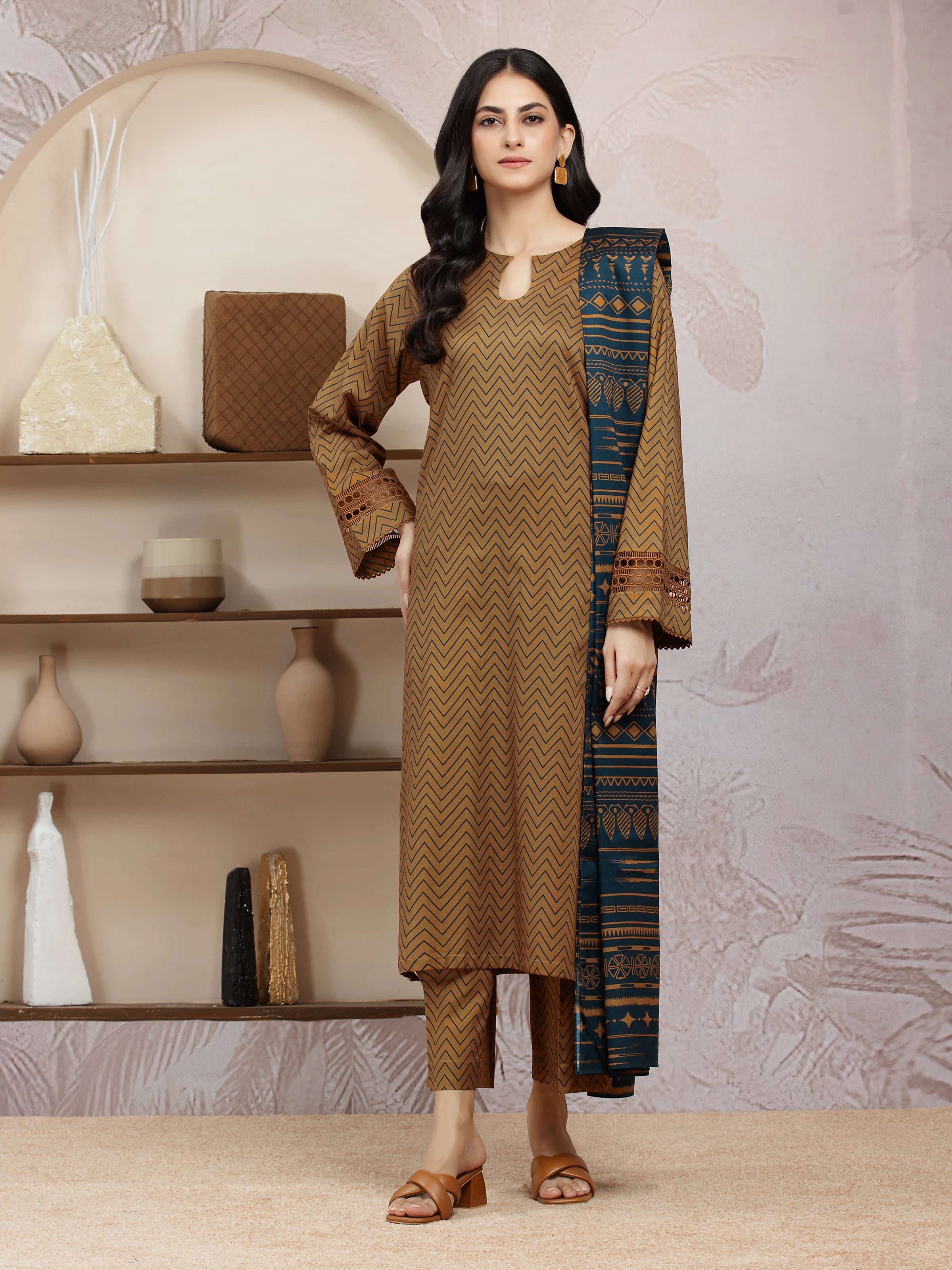 Unstitched Brown Printed Khaddar 3 Piece - EWU24A3-29836-3P