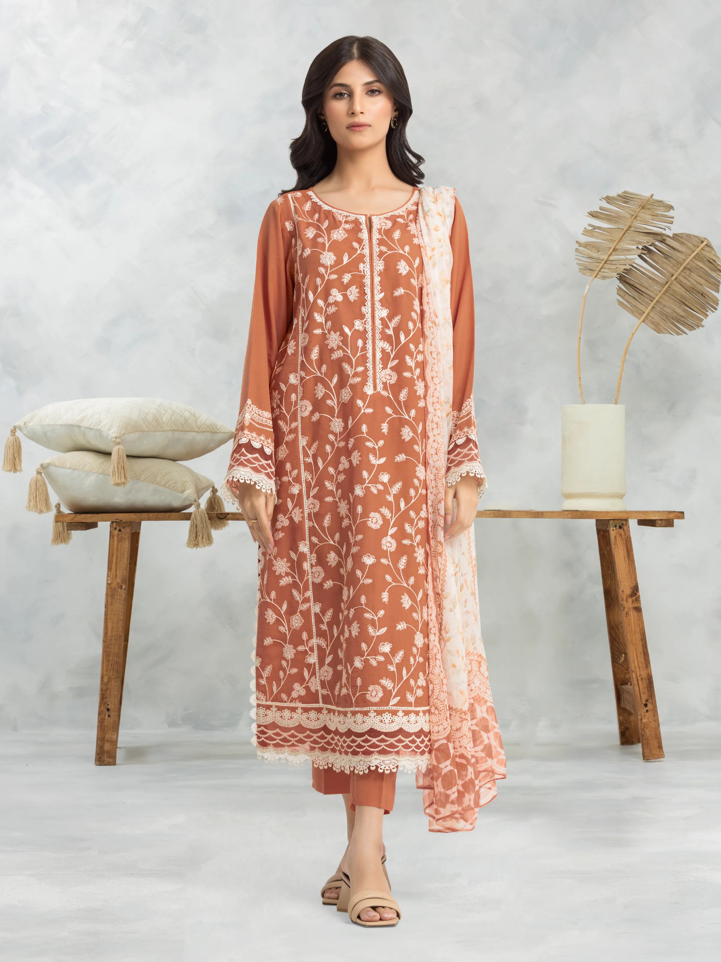 Unstitched Rust Embroidered Cambric 3 Piece - EWU24V2-30142-3P