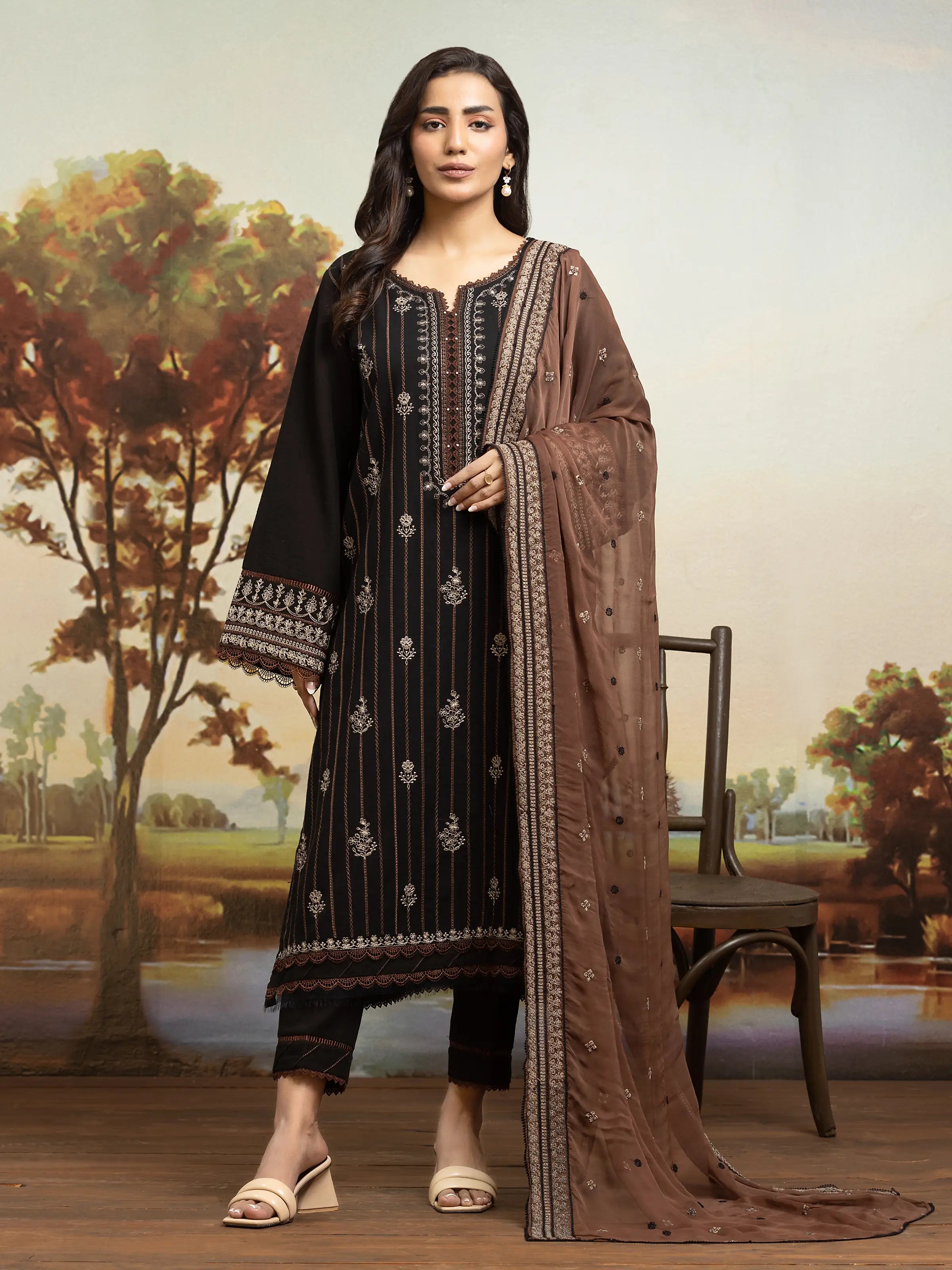 Unstitched Black Embroidered Khaddar 3 Piece - EWU24V12-30207-3P