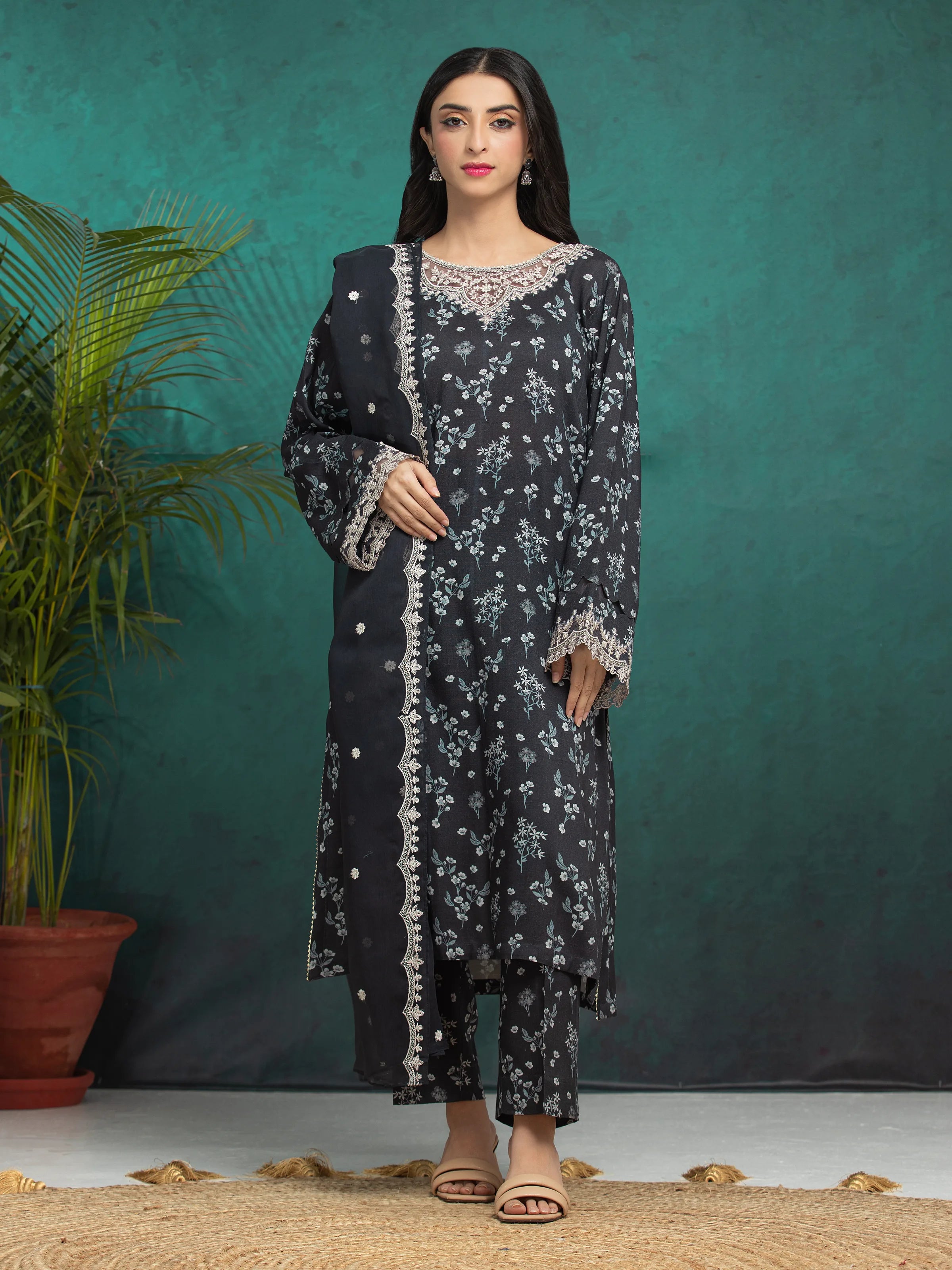 Unstitched Dark Charcoal Embroidered Raw Silk 3 Piece - EWU5V16-30219-3P