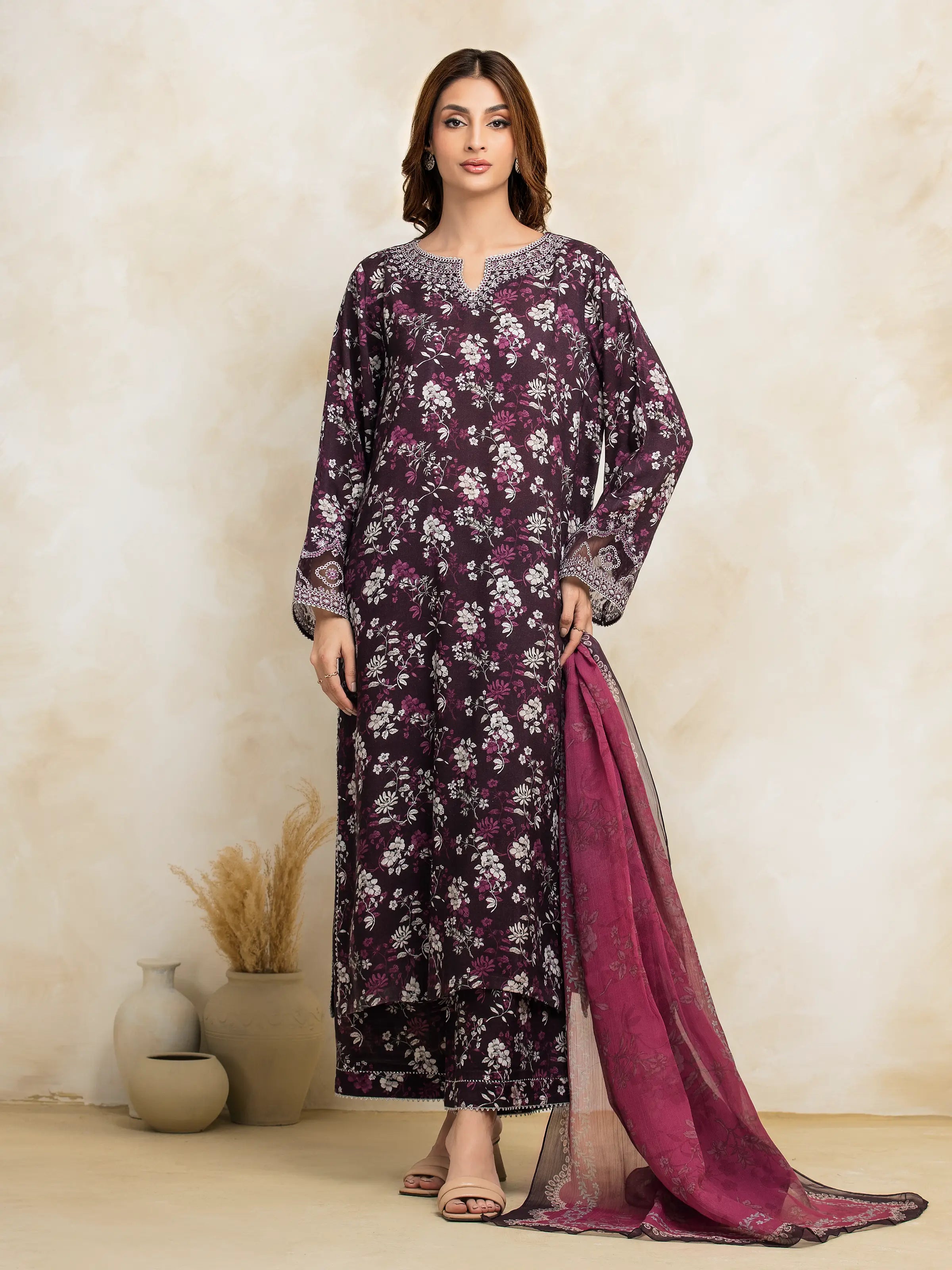 Unstitched Dark Plum Embroidered Raw Silk 3 Piece - EWU5V16-30223-3P