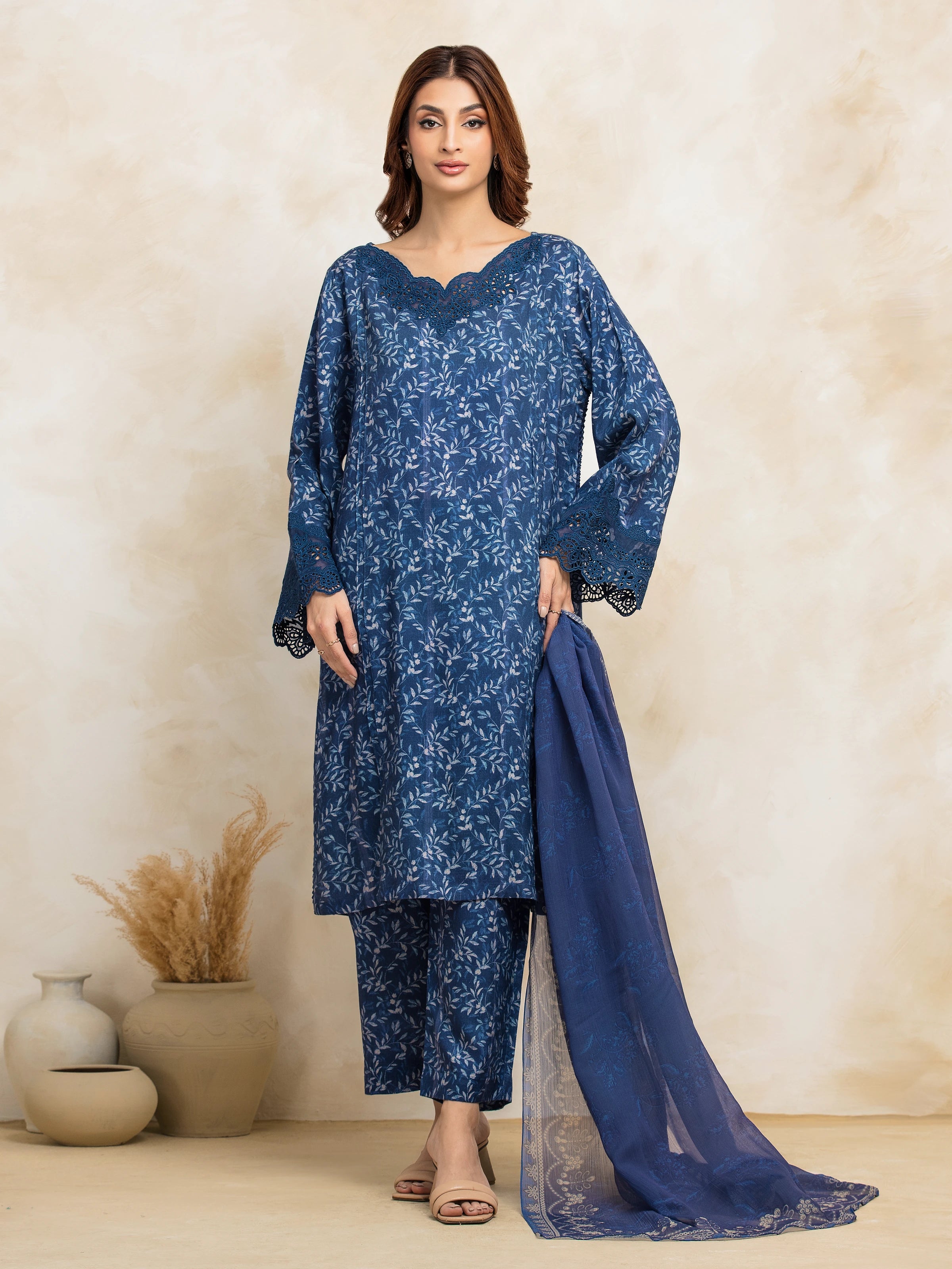 Unstitched Mid Night Blue Embroidered Raw Silk 3 Piece - EWU5V16-30224-3P