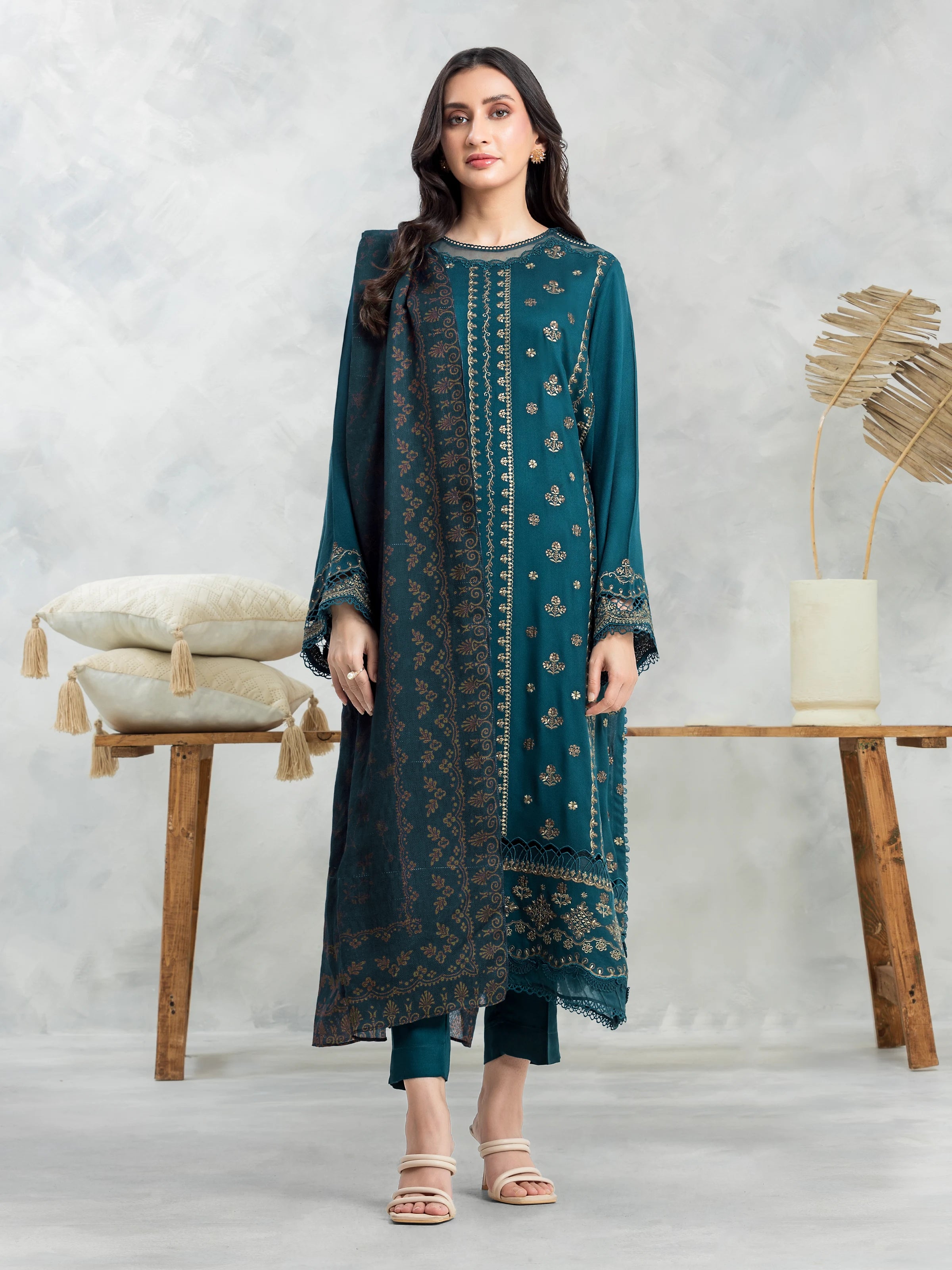 Unstitched Dark Green Embroidered Viscose 3 Piece - EWU24V13-30228-3P