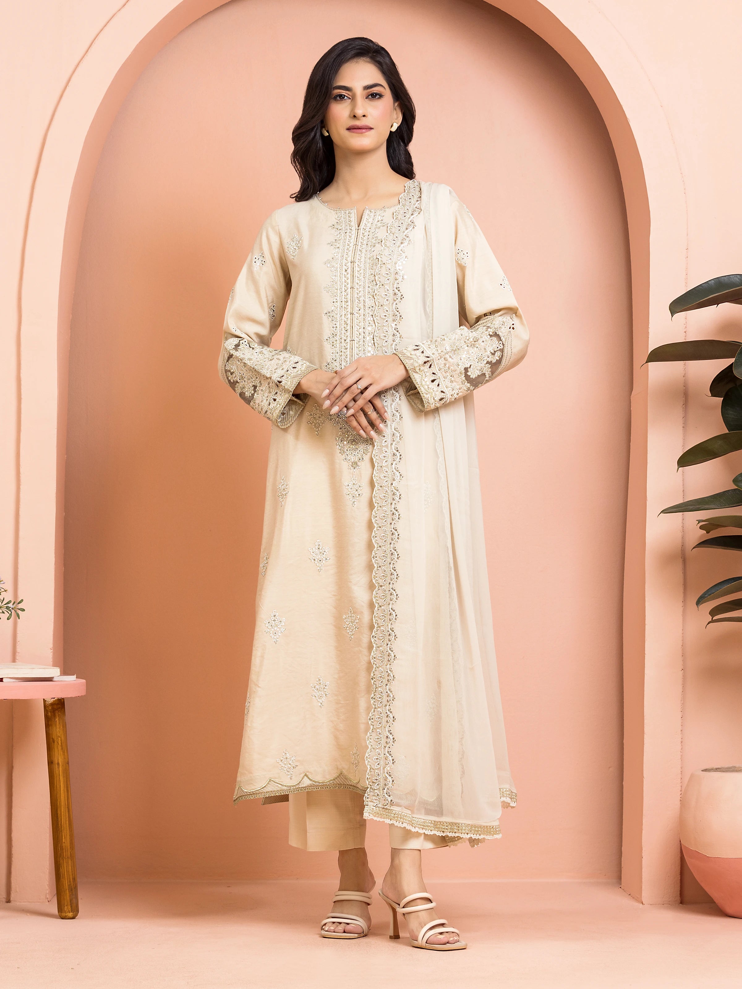 Unstitched Light Beige Embroidered Raw Silk 3 Piece - EWU24V16-30253-3P