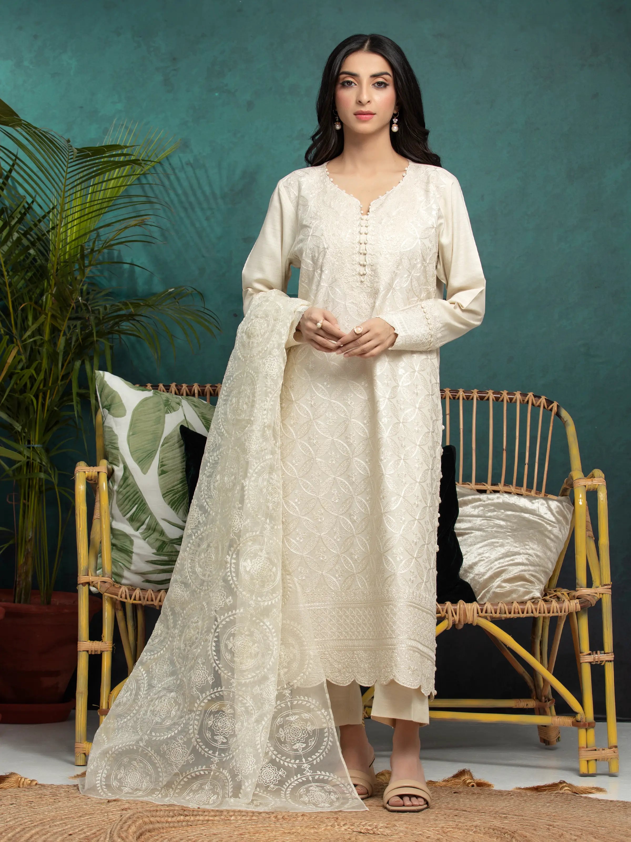 Unstitched Cream Embroidered Raw Silk 3 Piece - EWU24V16-30280-3P