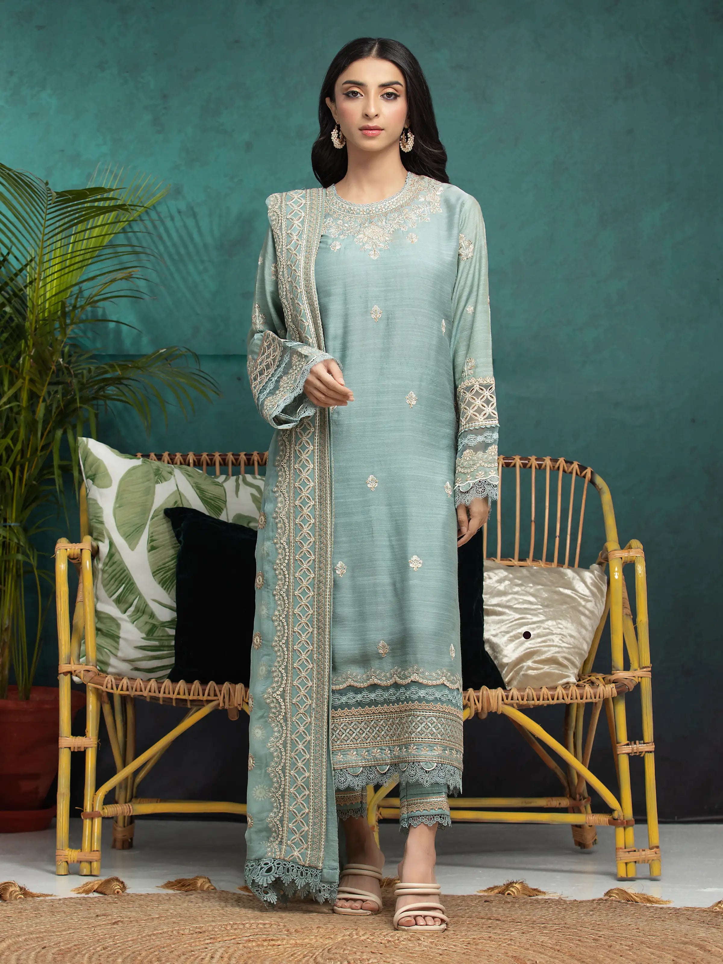 edenrobe Women's Mist Green Unstitched 3Pc Raw Silk - EWU24V16-30282-3P ...