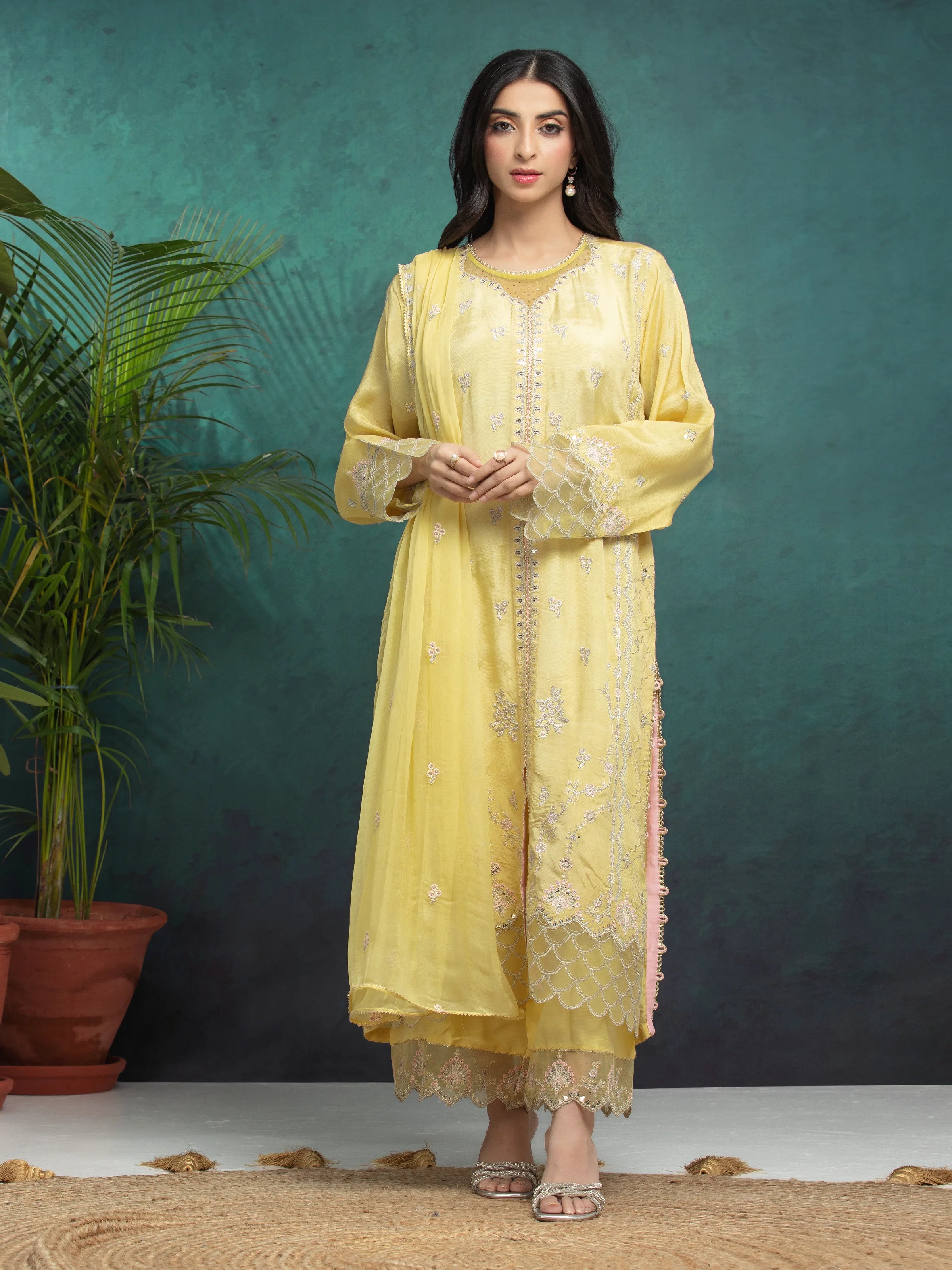 Unstitched Yellow Embroidered Raw Silk 3 Piece - EWU24V16-30289-3P