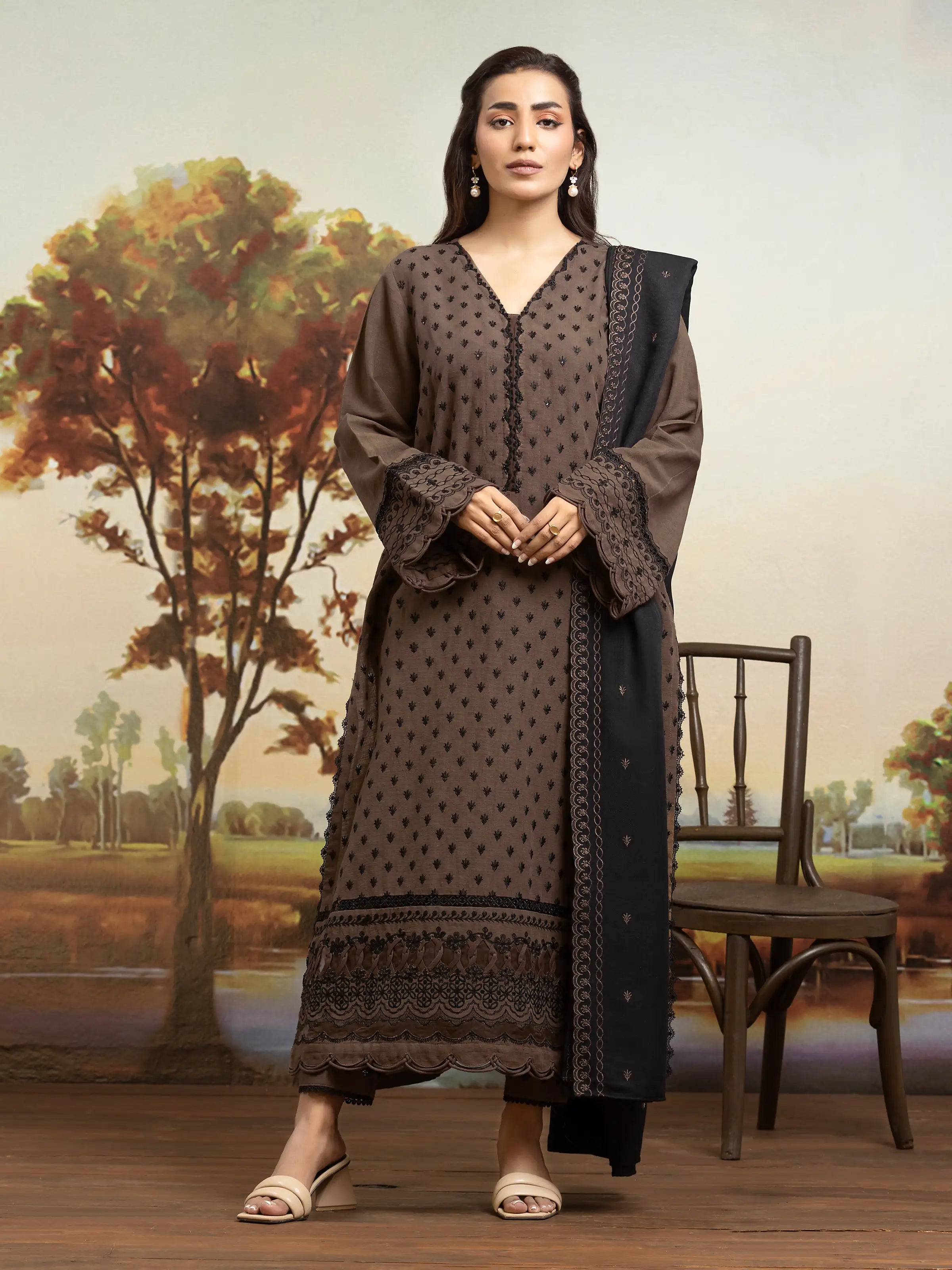 Unstitched Dark Coffee Embroidered Khaddar 3 Piece - EWU24V11-30306-3P