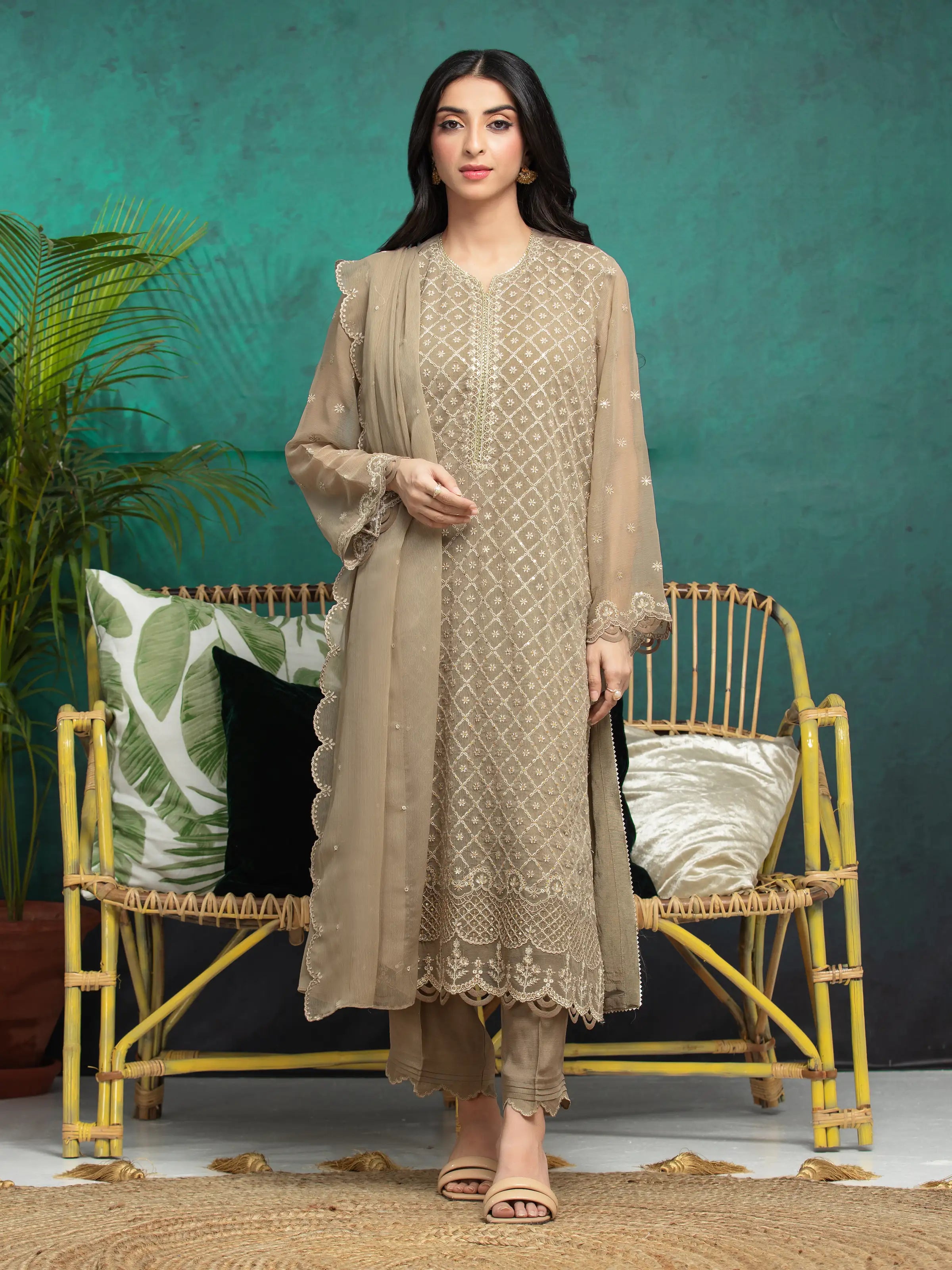 Unstitched Light Khaki Embroidered Chiffon 3 Piece - EWU24V5-30320-3P