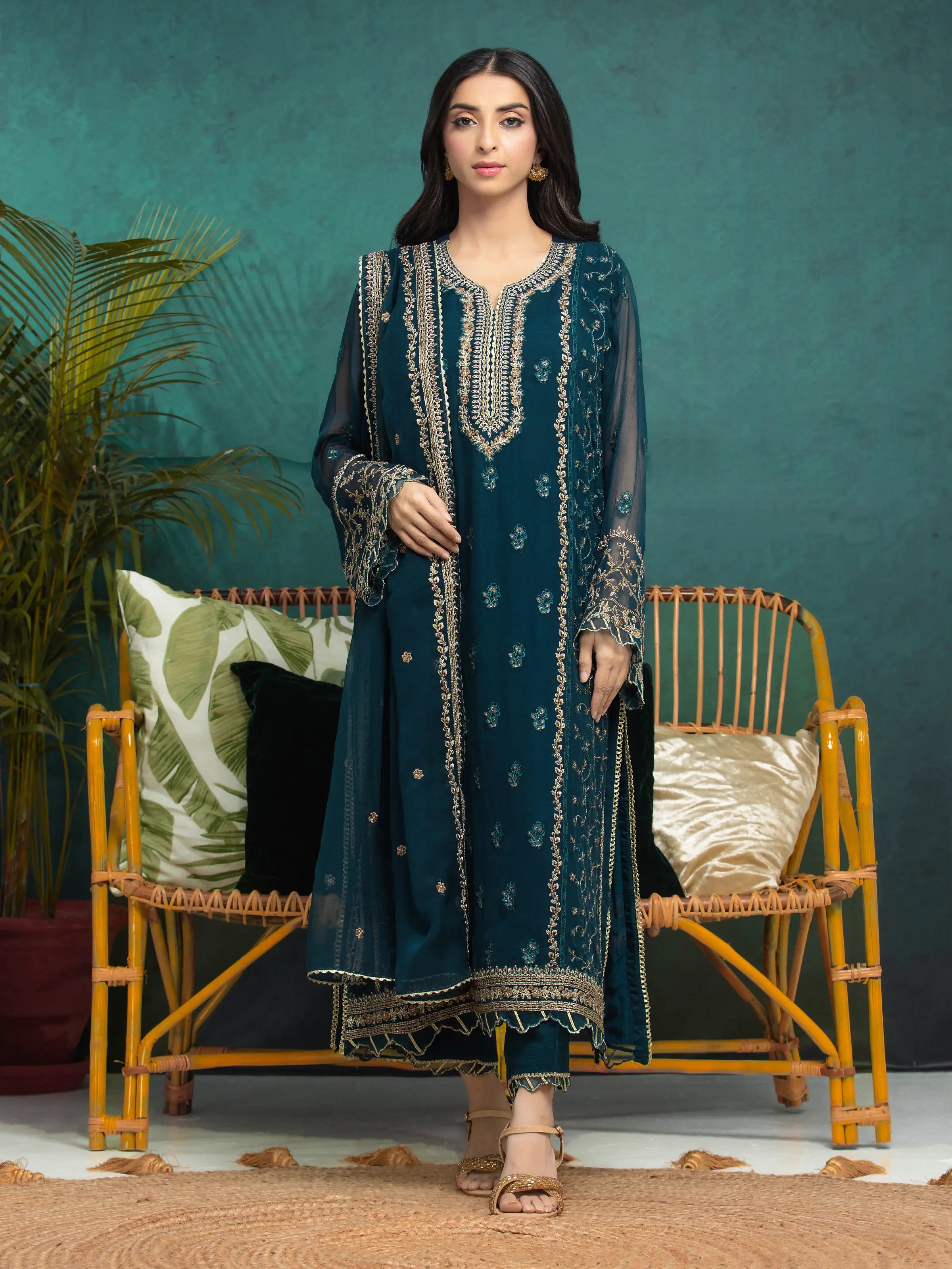 edenrobe Women's Dark Teal Unstitched 3Pc Chiffon - EWU24V5-30322-3P ...