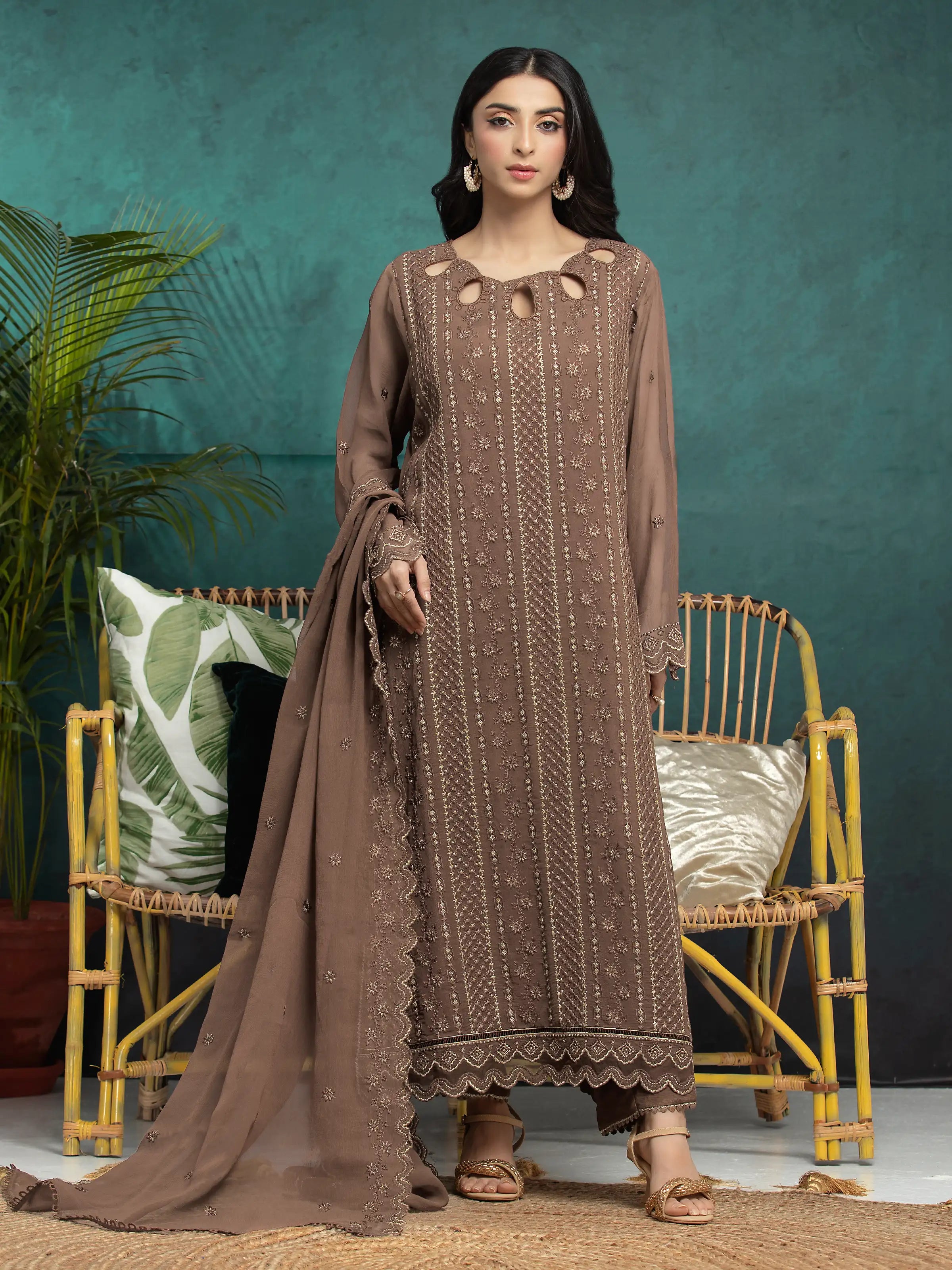 Unstitched Brown Embroidered Chiffon 3 Piece - EWU24V5-30325-3P