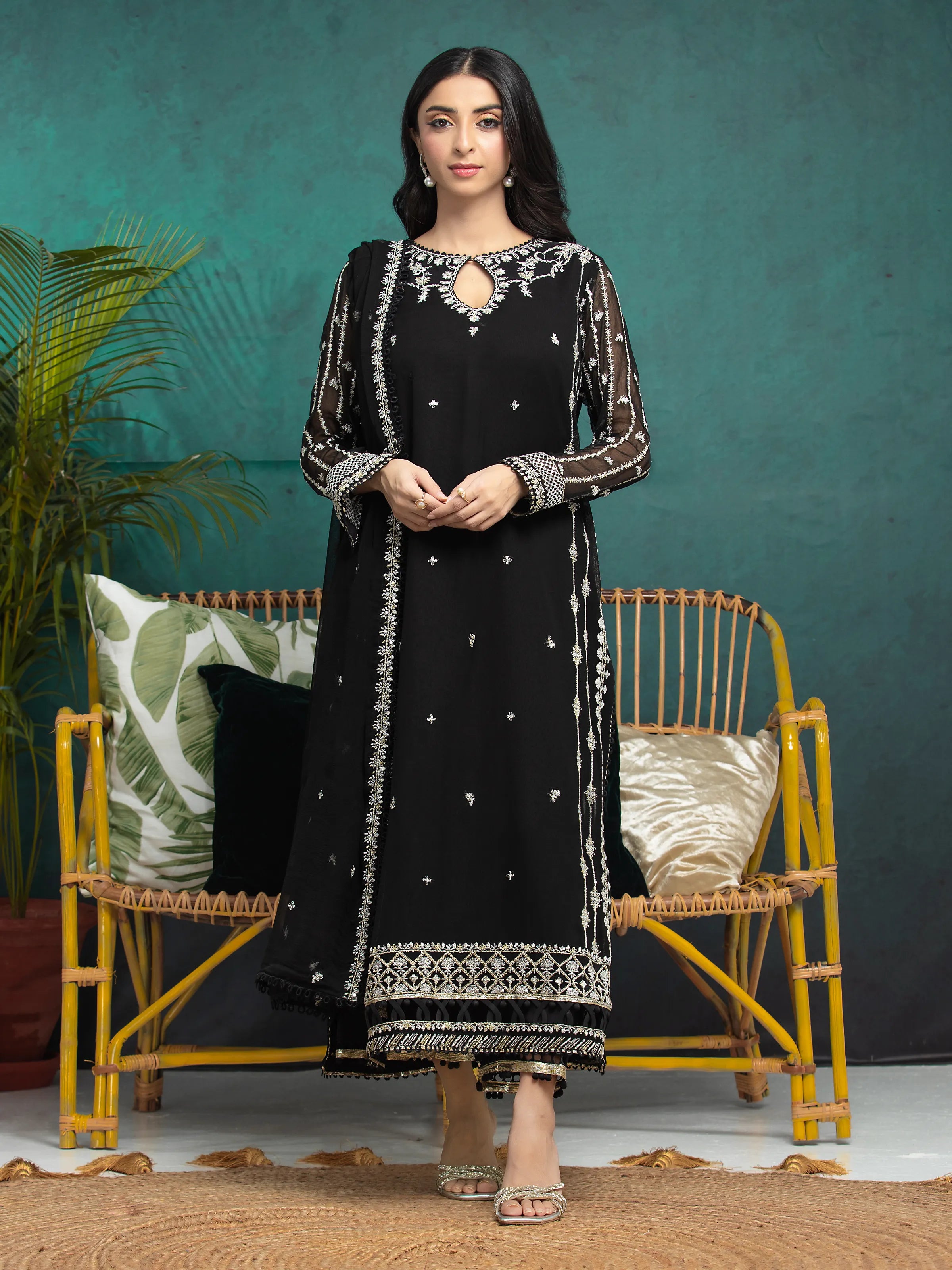 Unstitched Black Embroidered Chiffon 3 Piece - EWU24V5-30326-3P