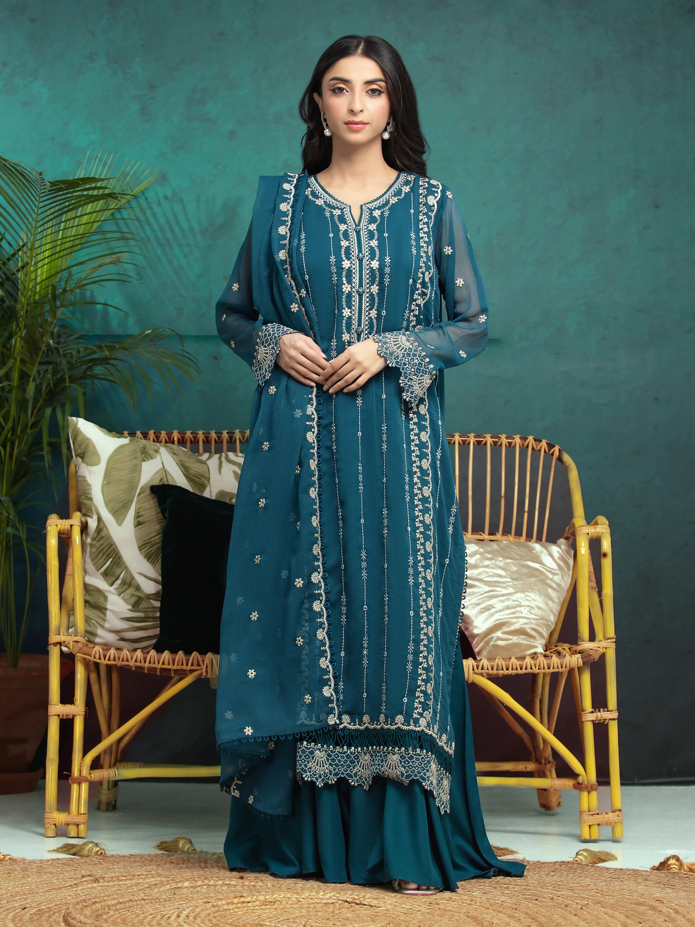 Unstitched Dark Turquoise Embroidered Chiffon 3 Piece - EWU24V5-30329-3P