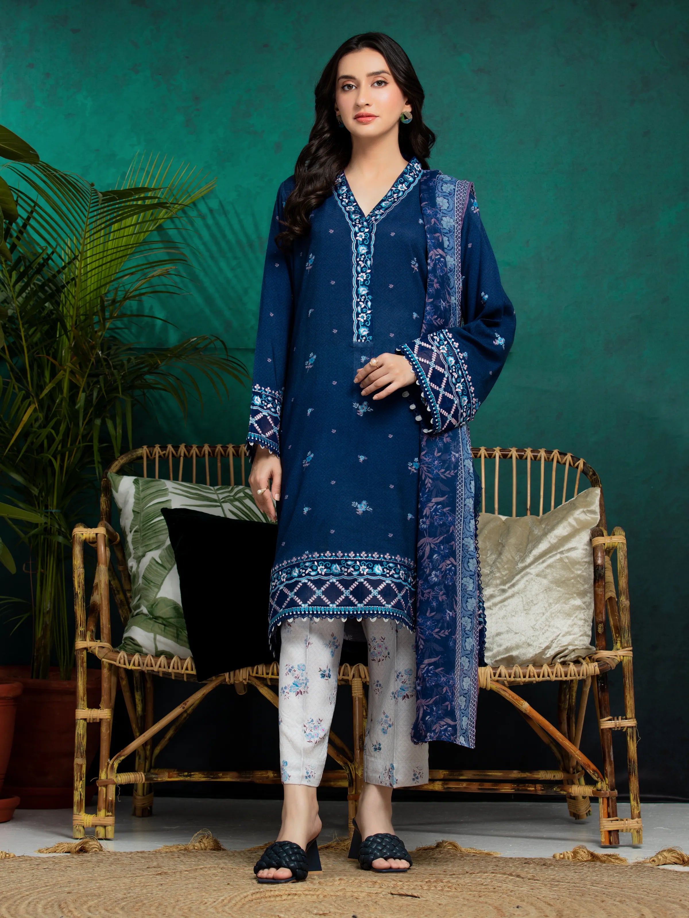 Unstitched Navy Blue Embroidered Raw Silk 3 Piece - EWU24V16-30372-3P