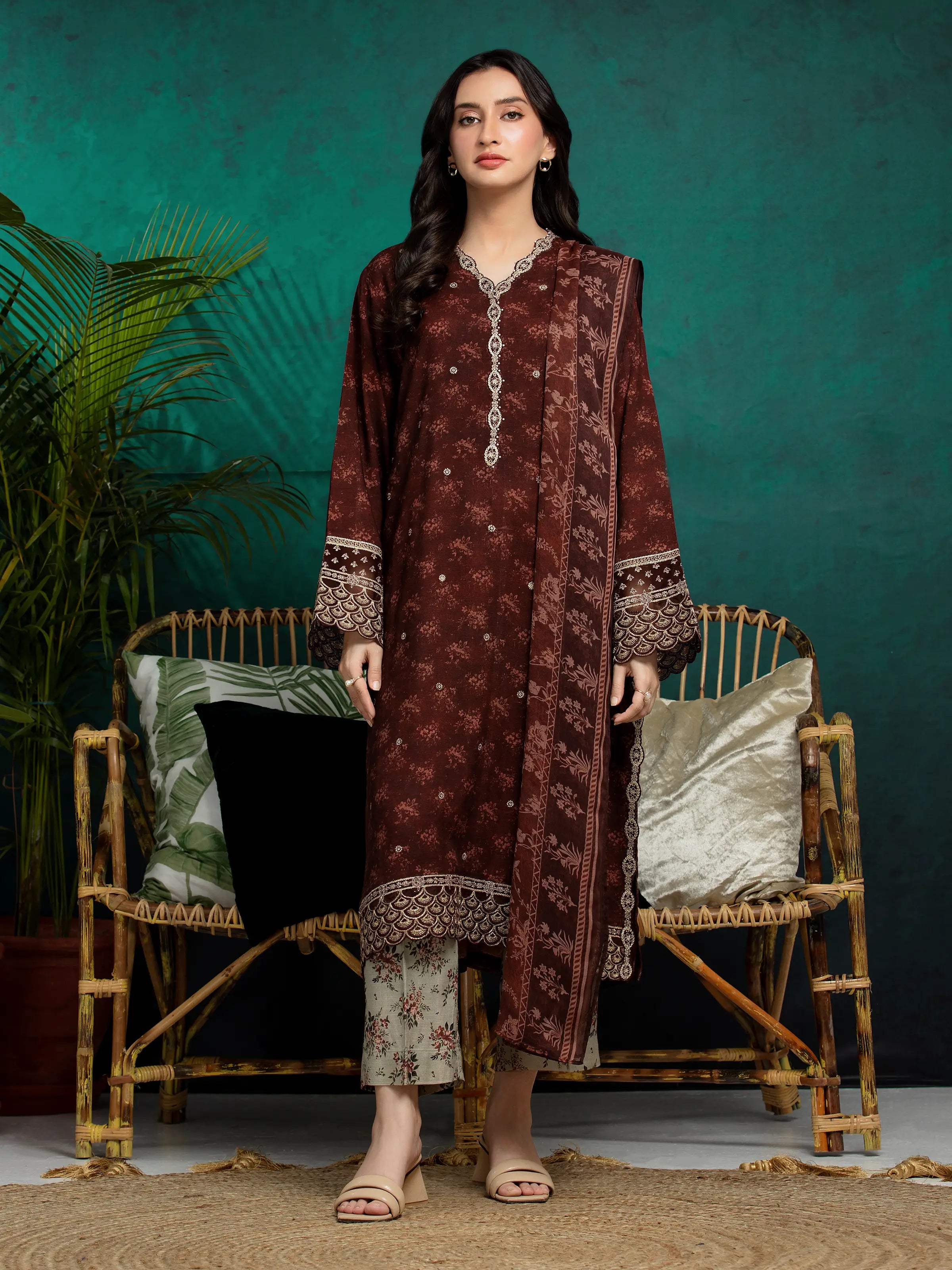 Unstitched Dark Rust Raw Silk Embroidered 3 Piece - EWU24V16-30373-3P