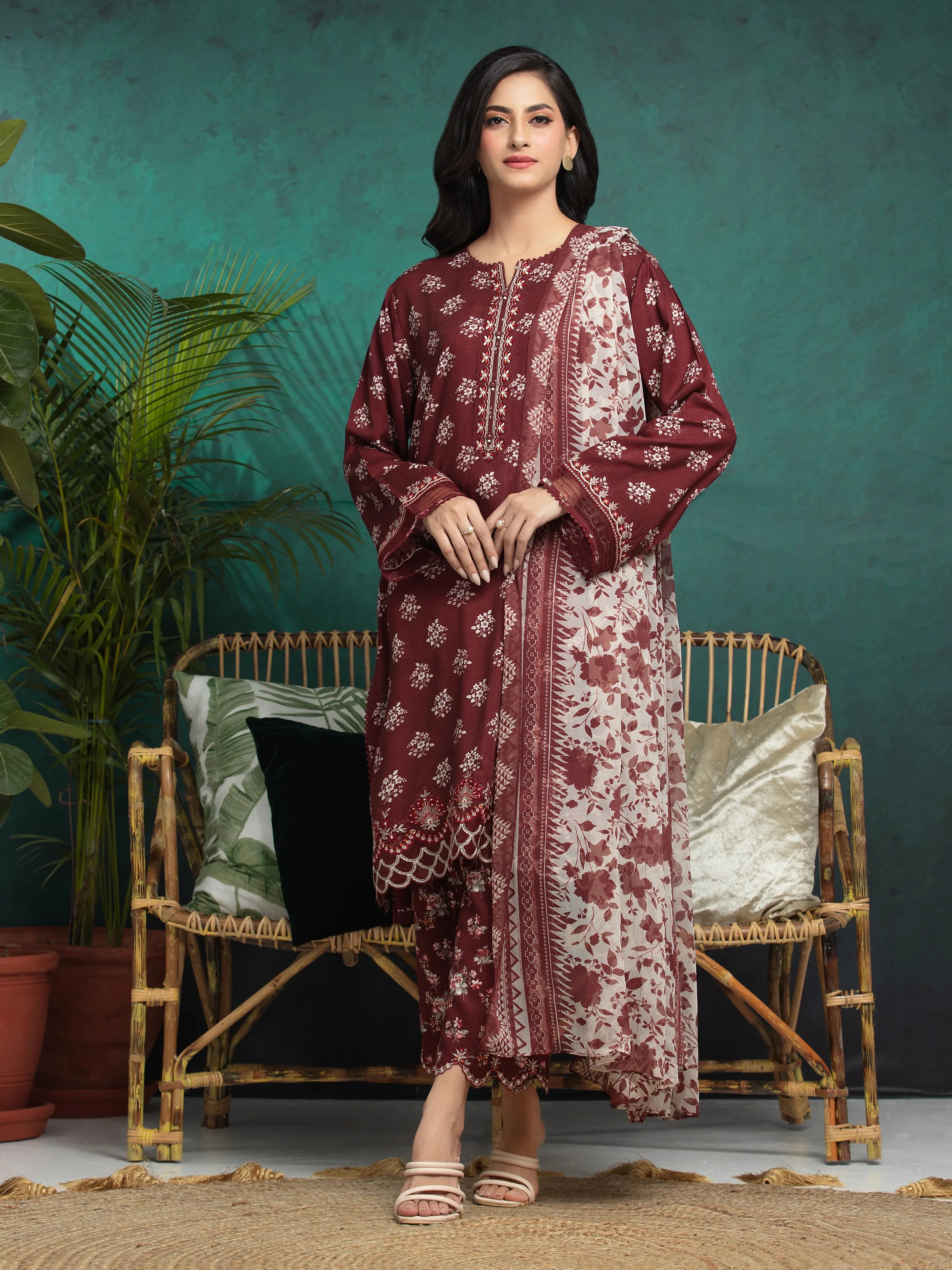 Unstitched Dark Maroon Embroidered Raw Silk 3 Piece - EWU24V16-30376-3P