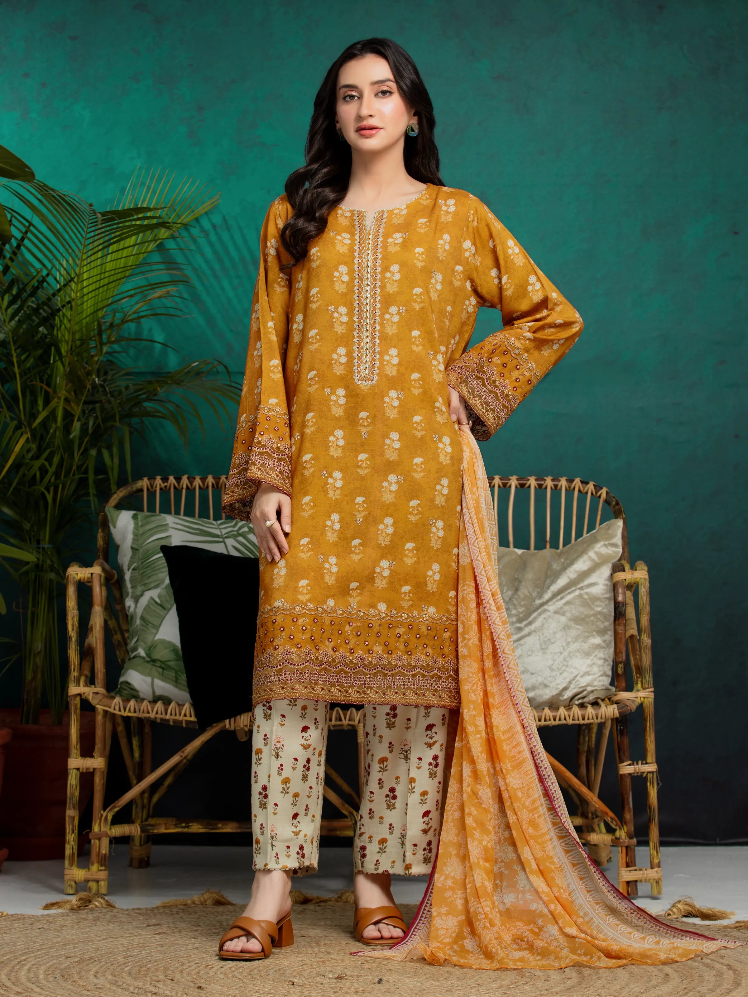 Unstitched Mustard Embroidered Raw Silk Cambric 3 Piece - EWU24V16-30377-3P