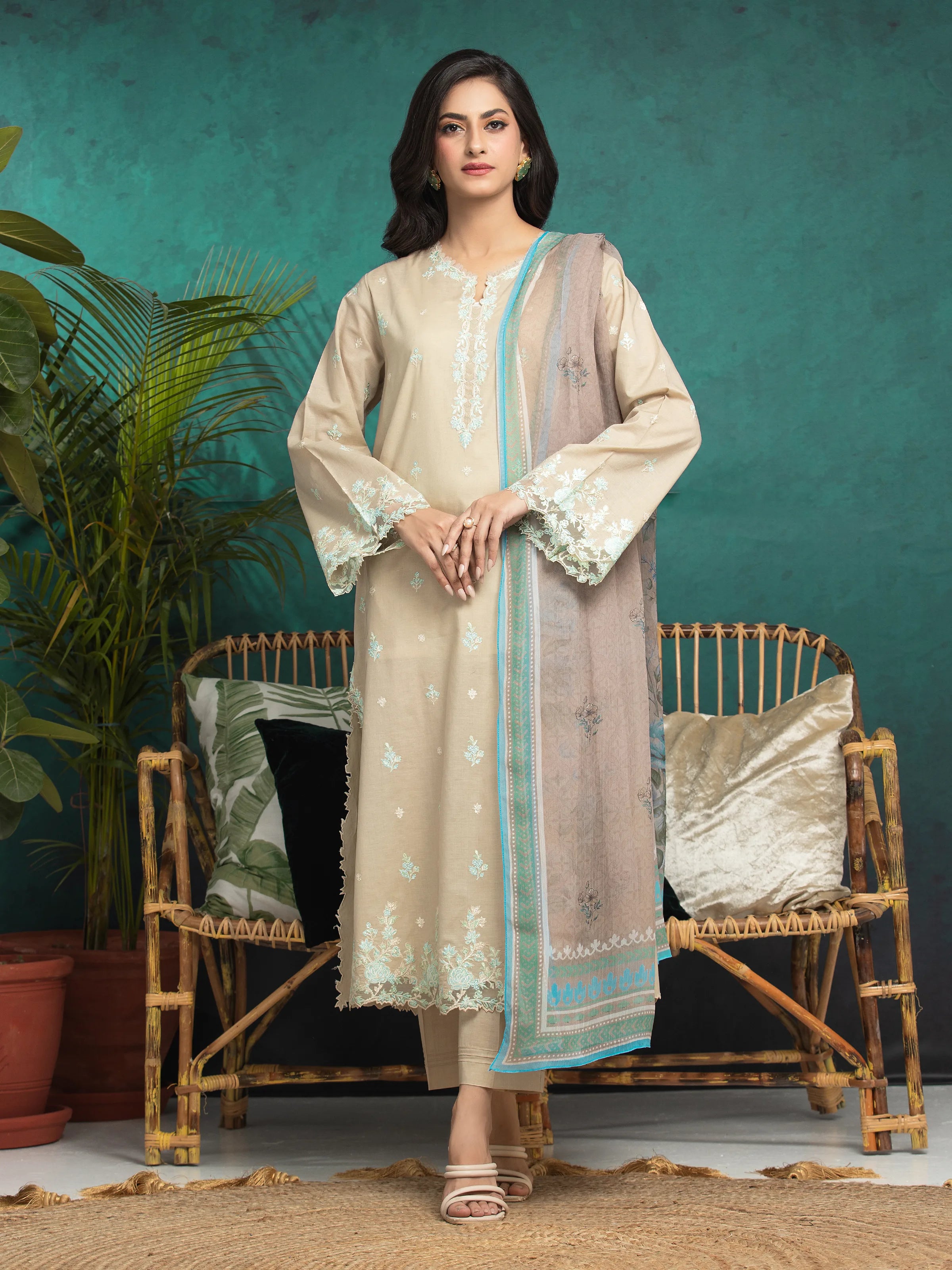 Unstitched Light Beige Embroidered Cambric 3 Piece - EWU24V2-31003-3P