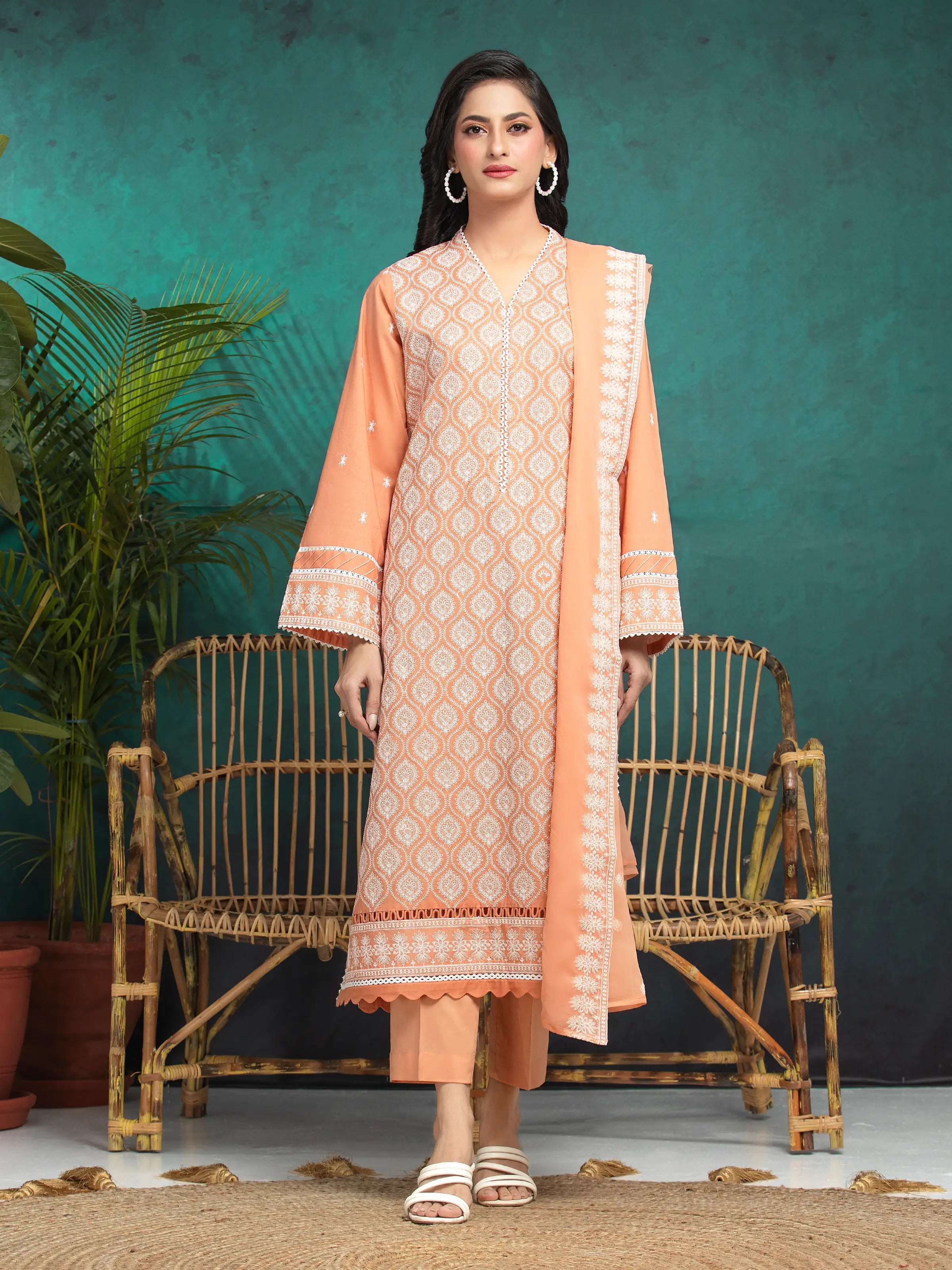 Unstitched Dark Peach Embroidered Cambric 3 Piece - EWU24V2-31013-3P