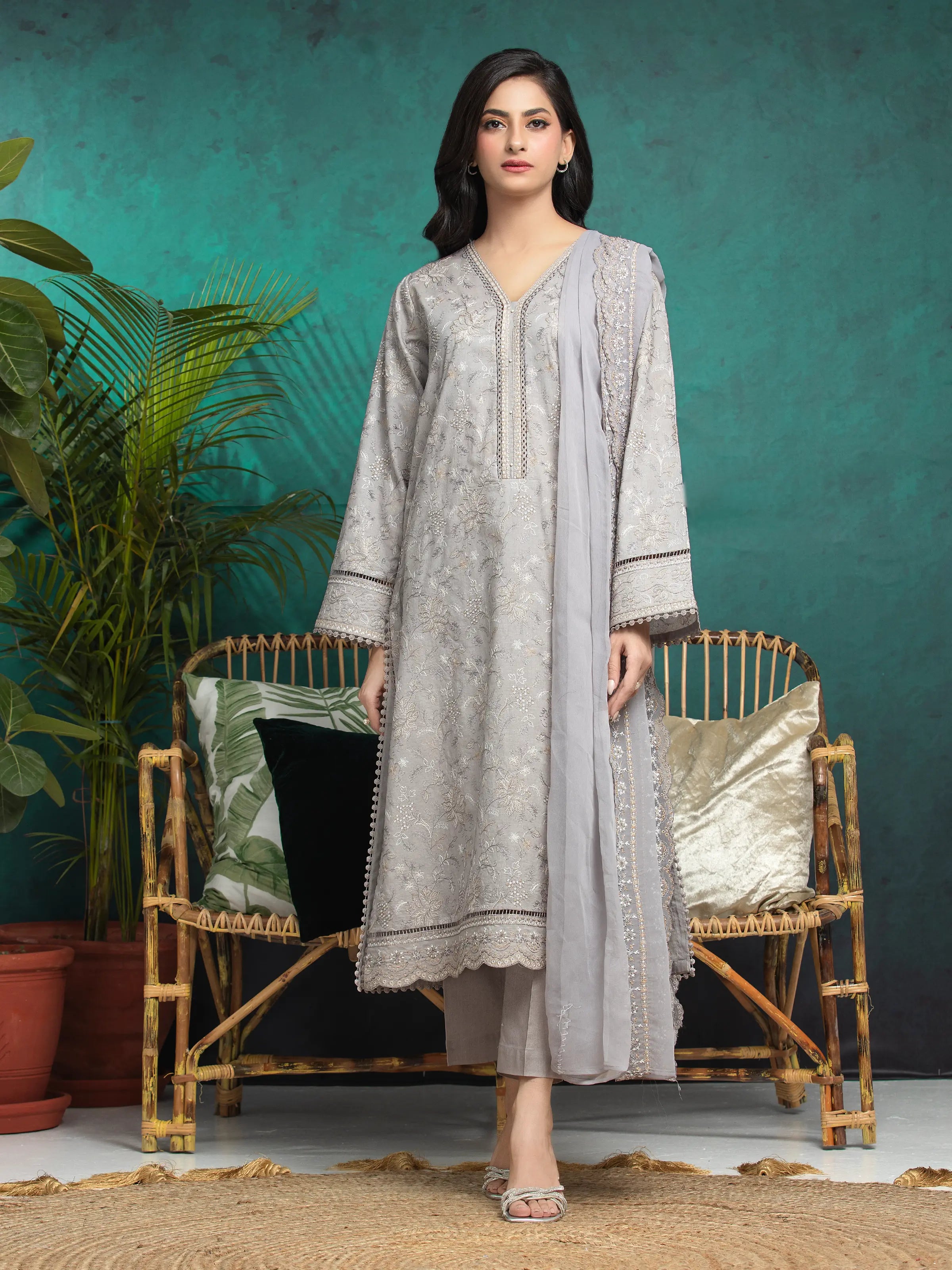 Unstitched Grey Embroidered Cambric 3 Piece - EWU24V2-31014-3P