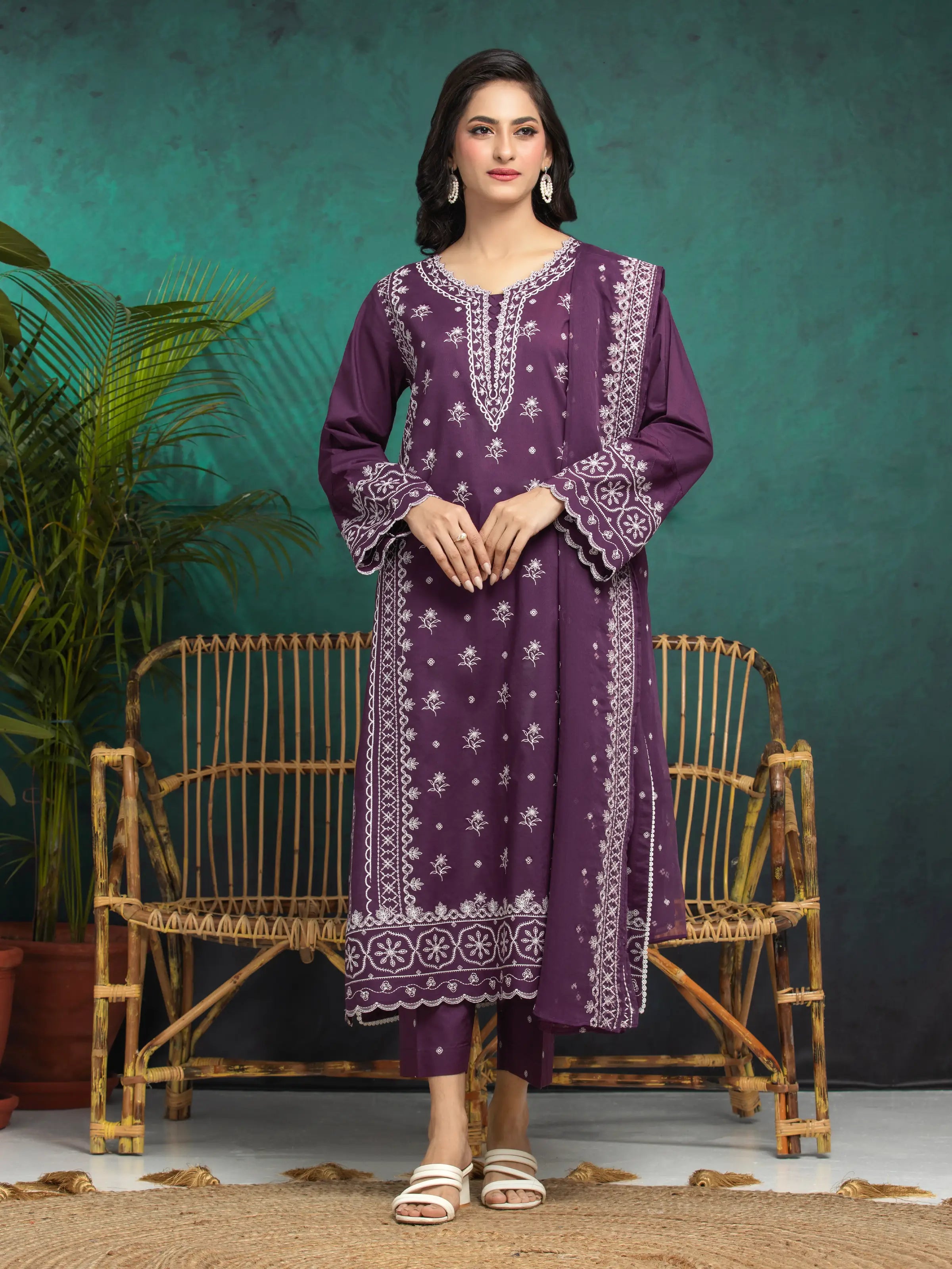 Unstitched Plum Embroidered Cambric 3 Piece - EWU24V2-31016-3P