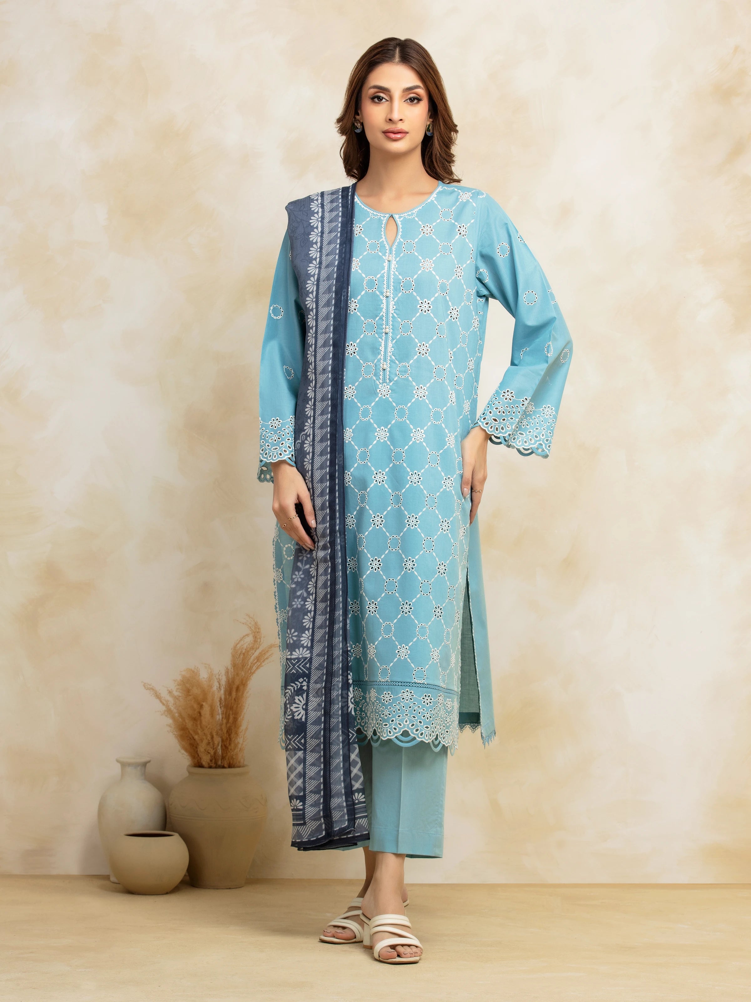 Unstitched Aqua Embroidered Cambric 3 Piece - EWU5V2-31024-3P