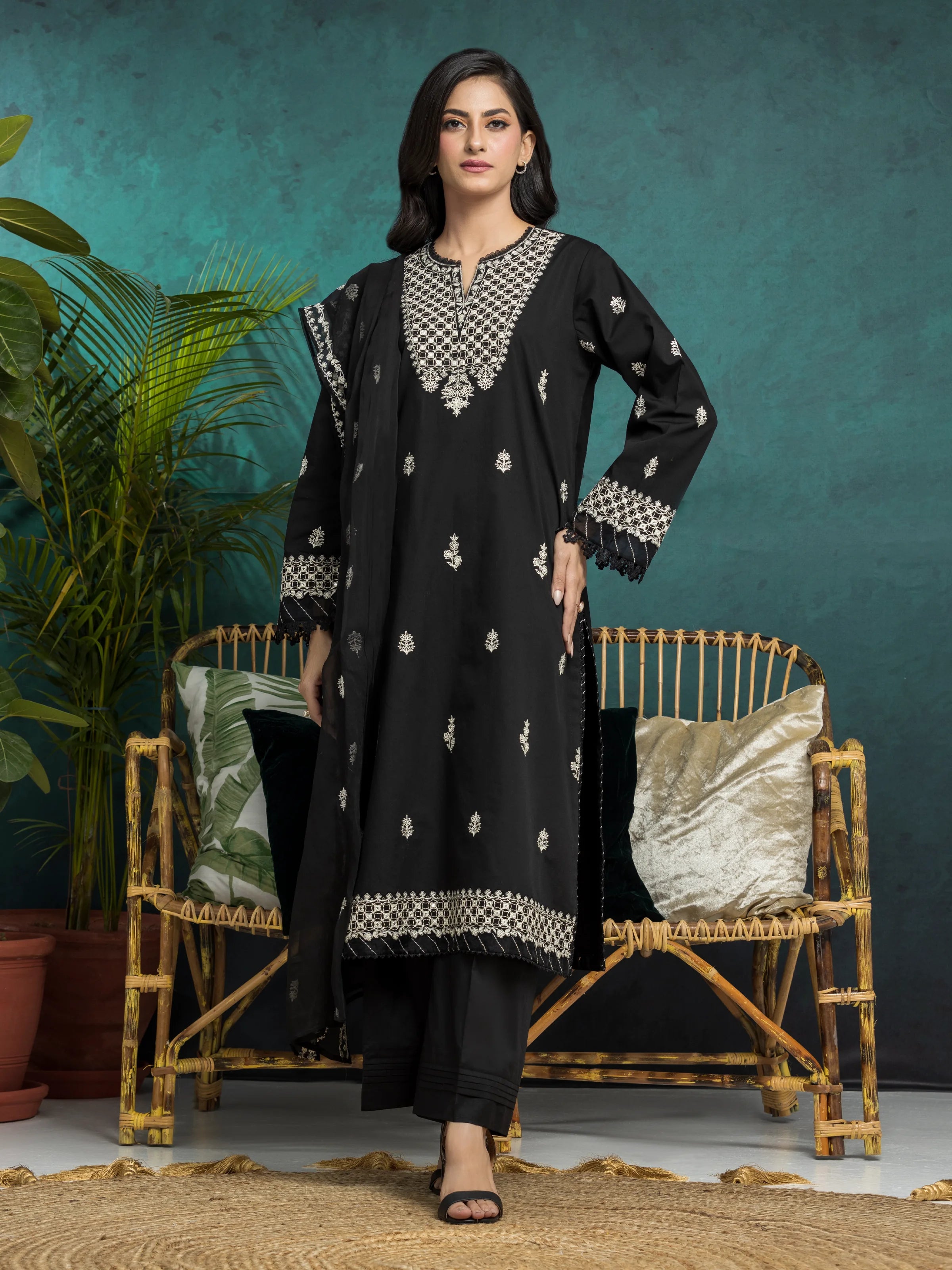 Unstitched Black Embroidered Cambric 3 Piece - EWU5V2-31025-3P