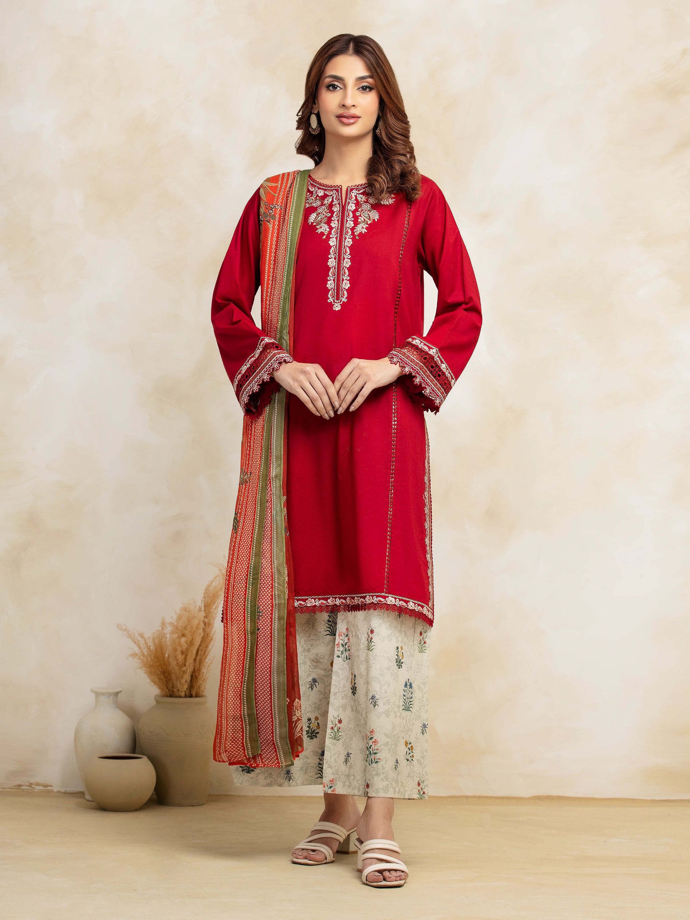 Unstitched Red Embroidered Cambric 3 Piece - EWU5V2-31030-3P