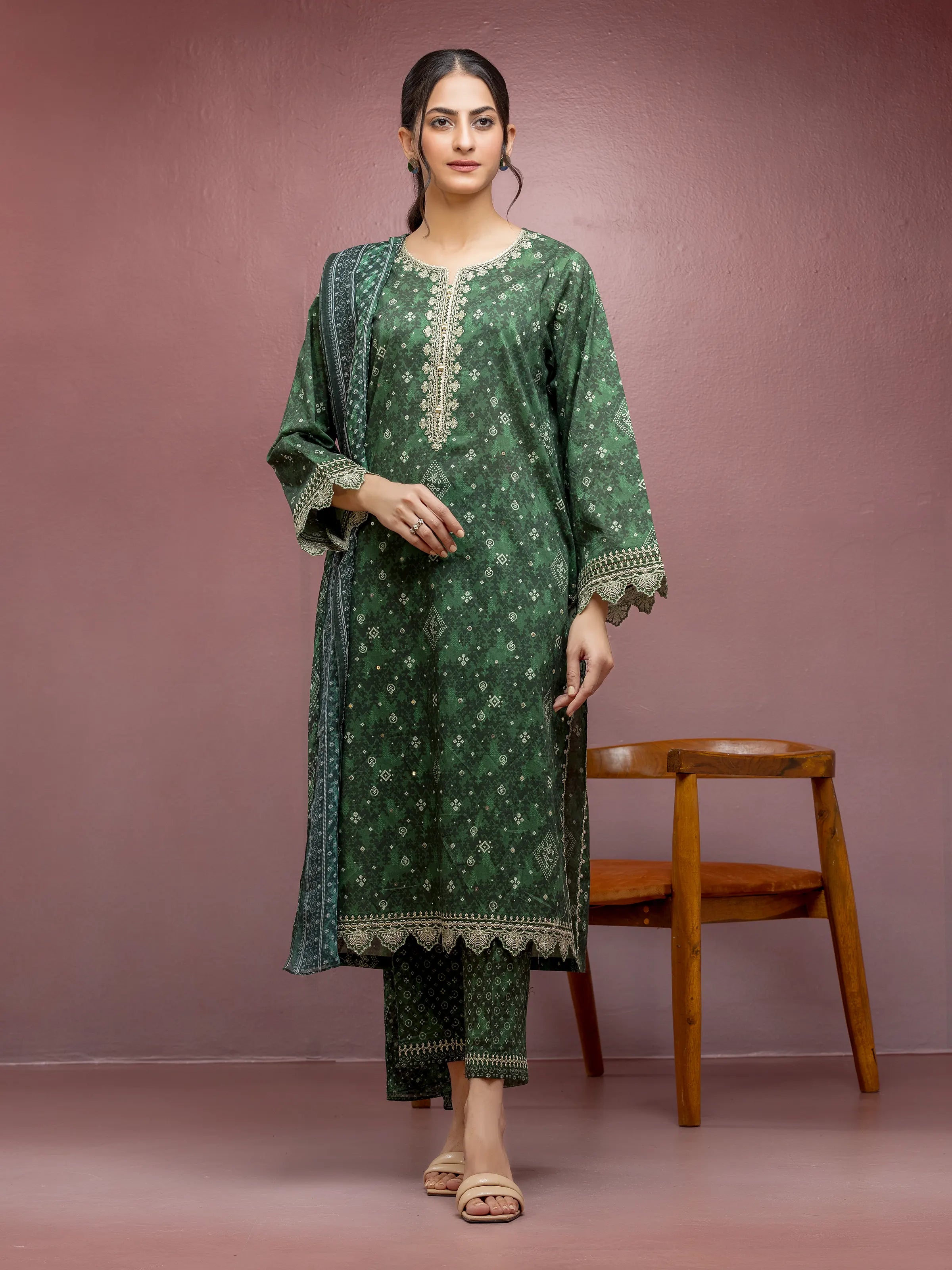 Unstitched Green Embroidered Cambric 3 Piece - EWU5V2-31042-3P