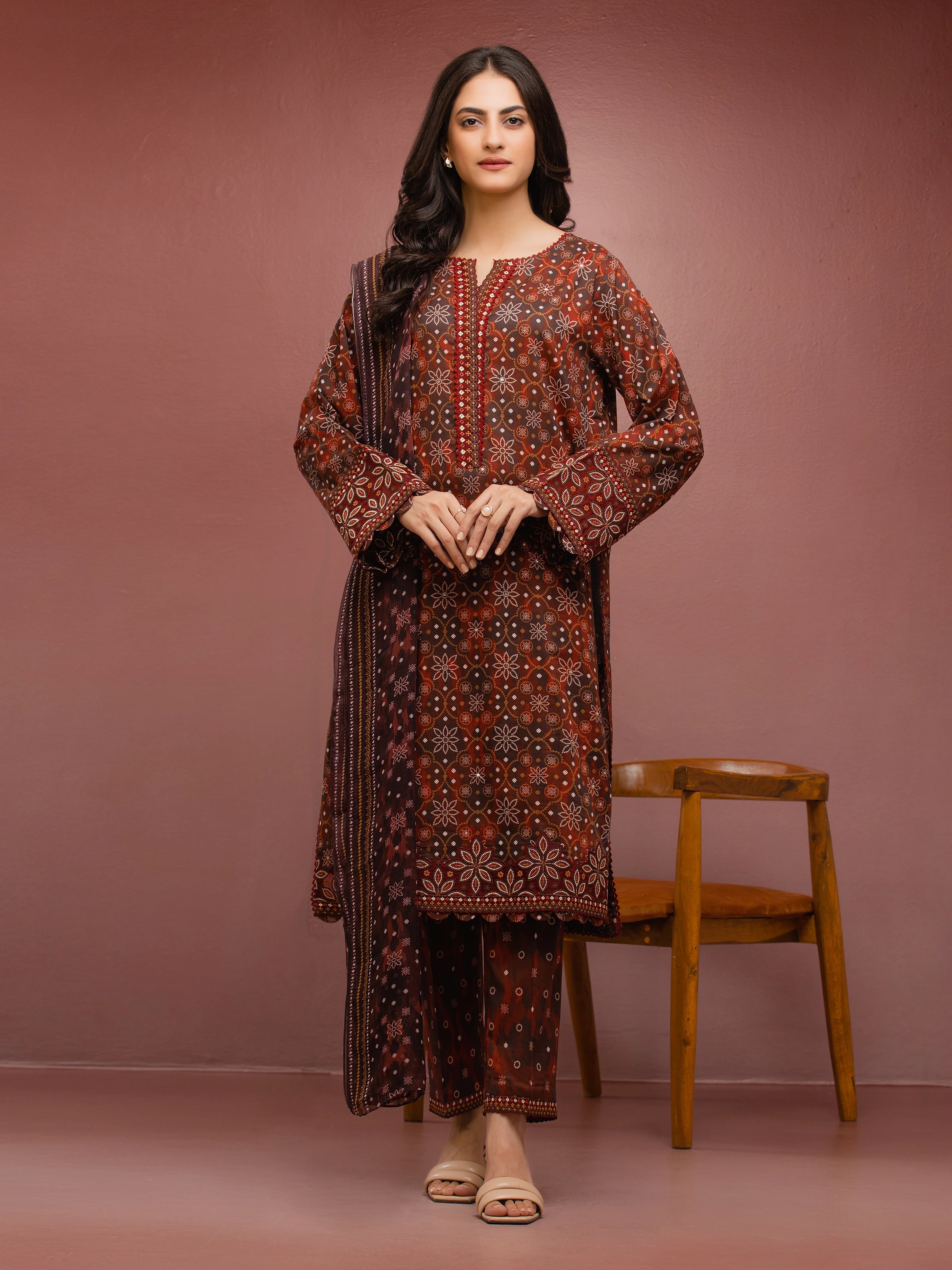 Unstitched Brown Embroidered Cambric 3 Piece - EWU5V2-31044-3P