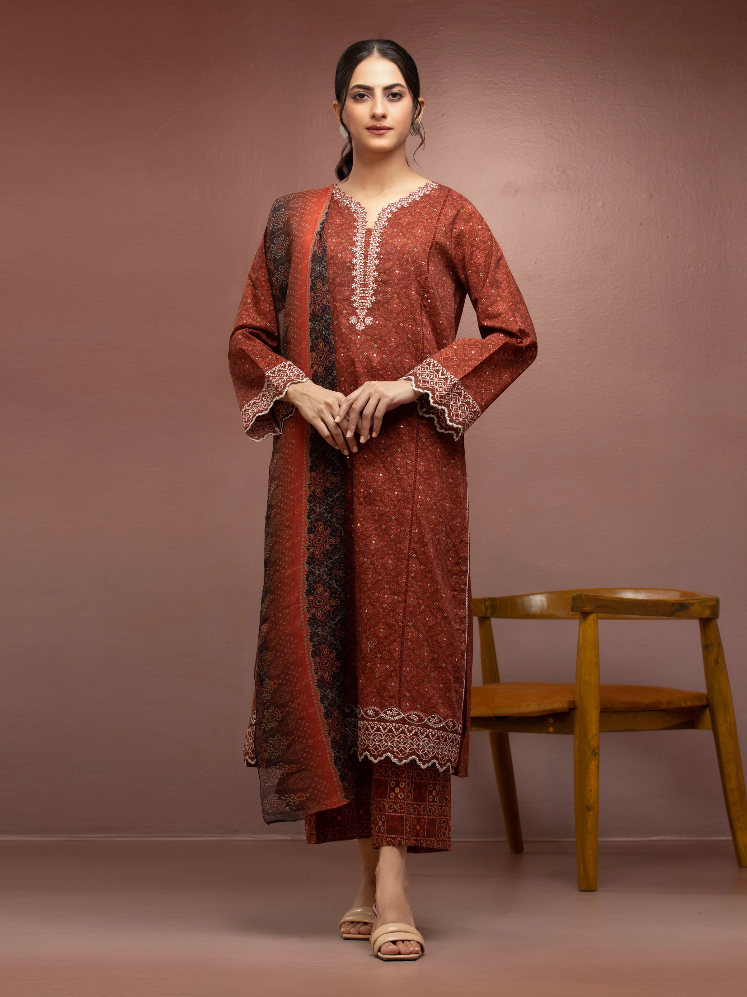 Unstitched Rust Embroidered Cambric 3 Piece - EWU5V2-31046-3P