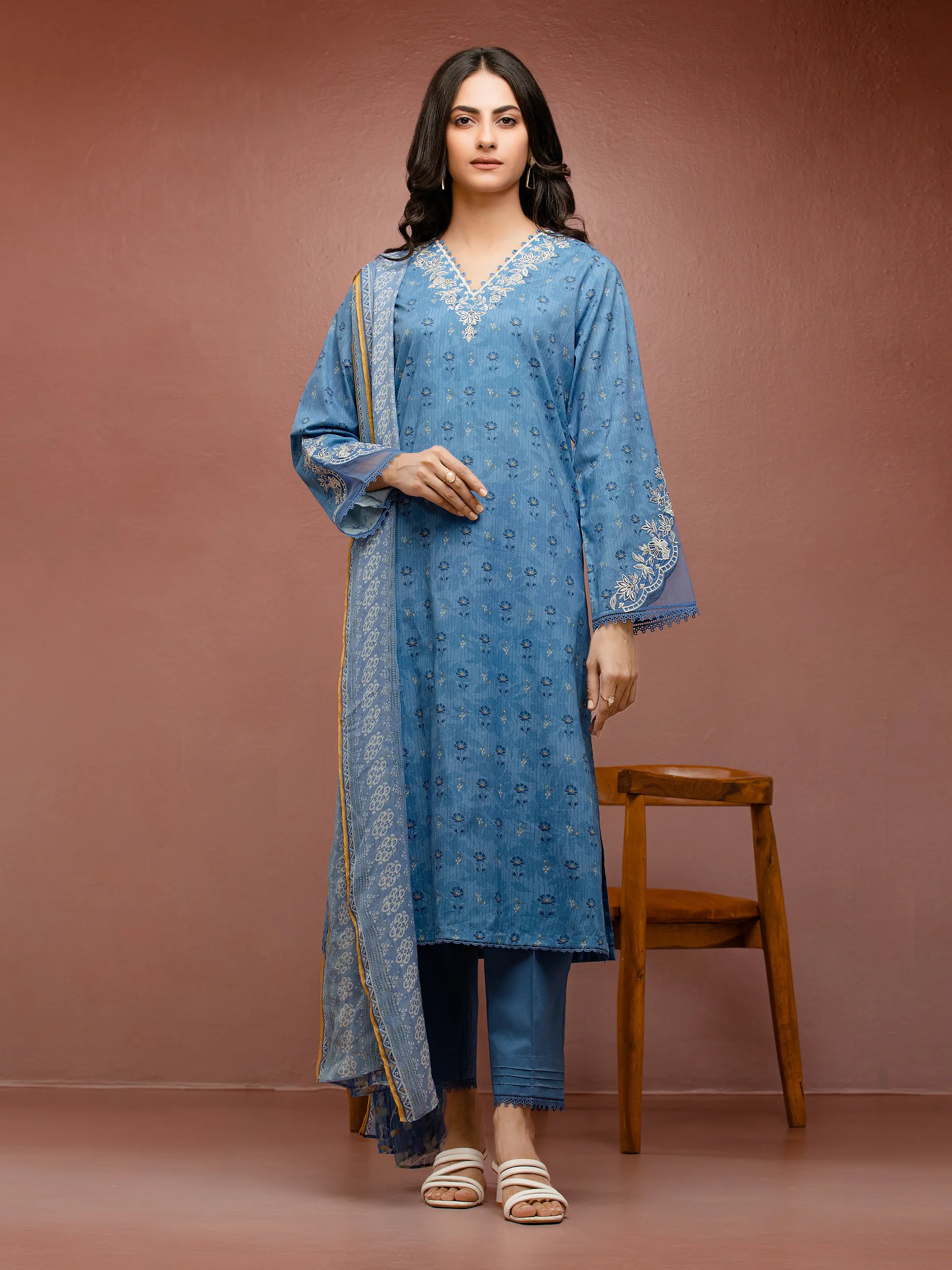 Unstitched Mid Blue Embroidered Cambric 3 Piece - EWU5V2-31048-3P