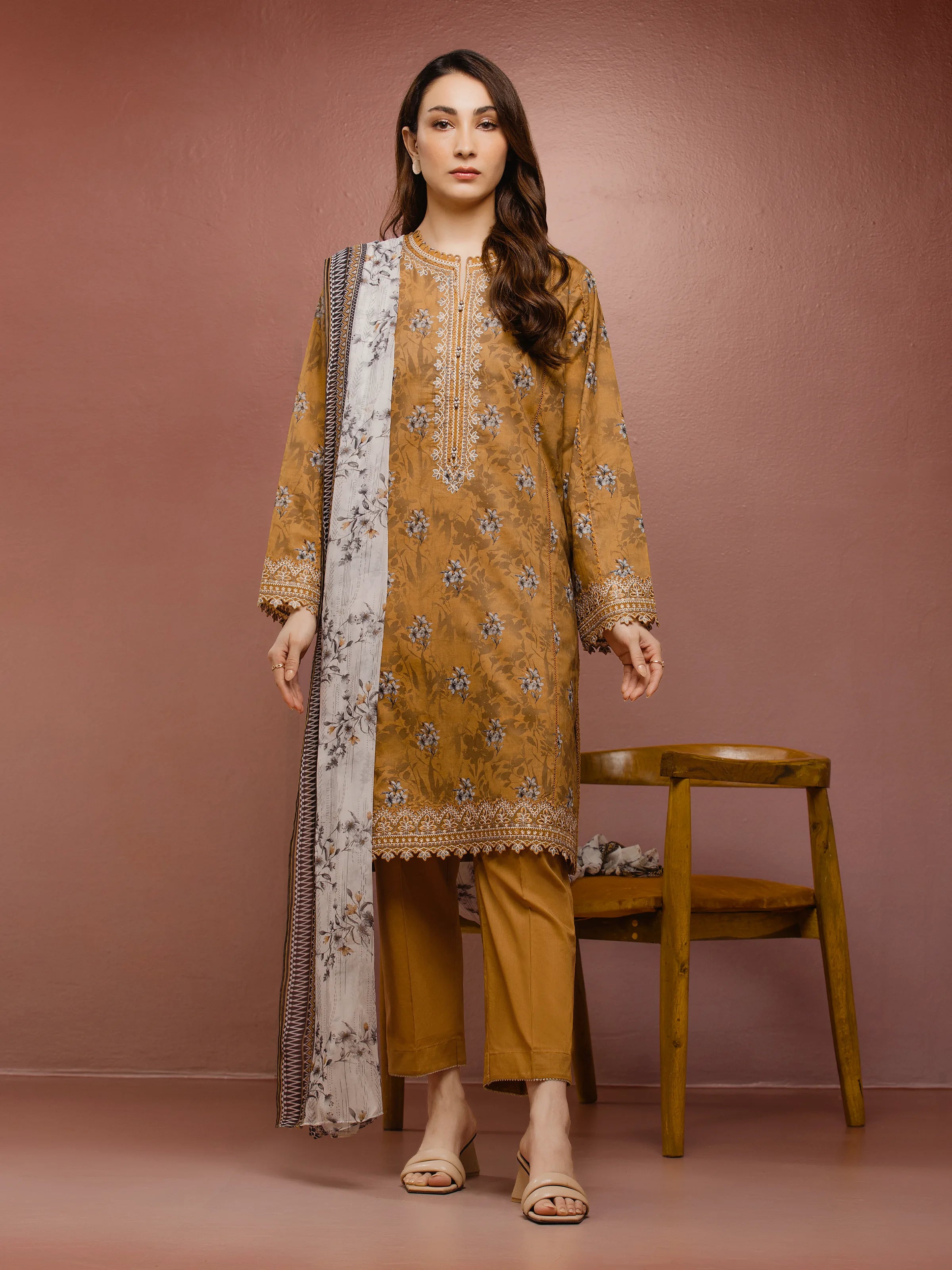 Unstitched Mustard Brown Embroidered Cambric 3 Piece - EWU5V2-31050-3P