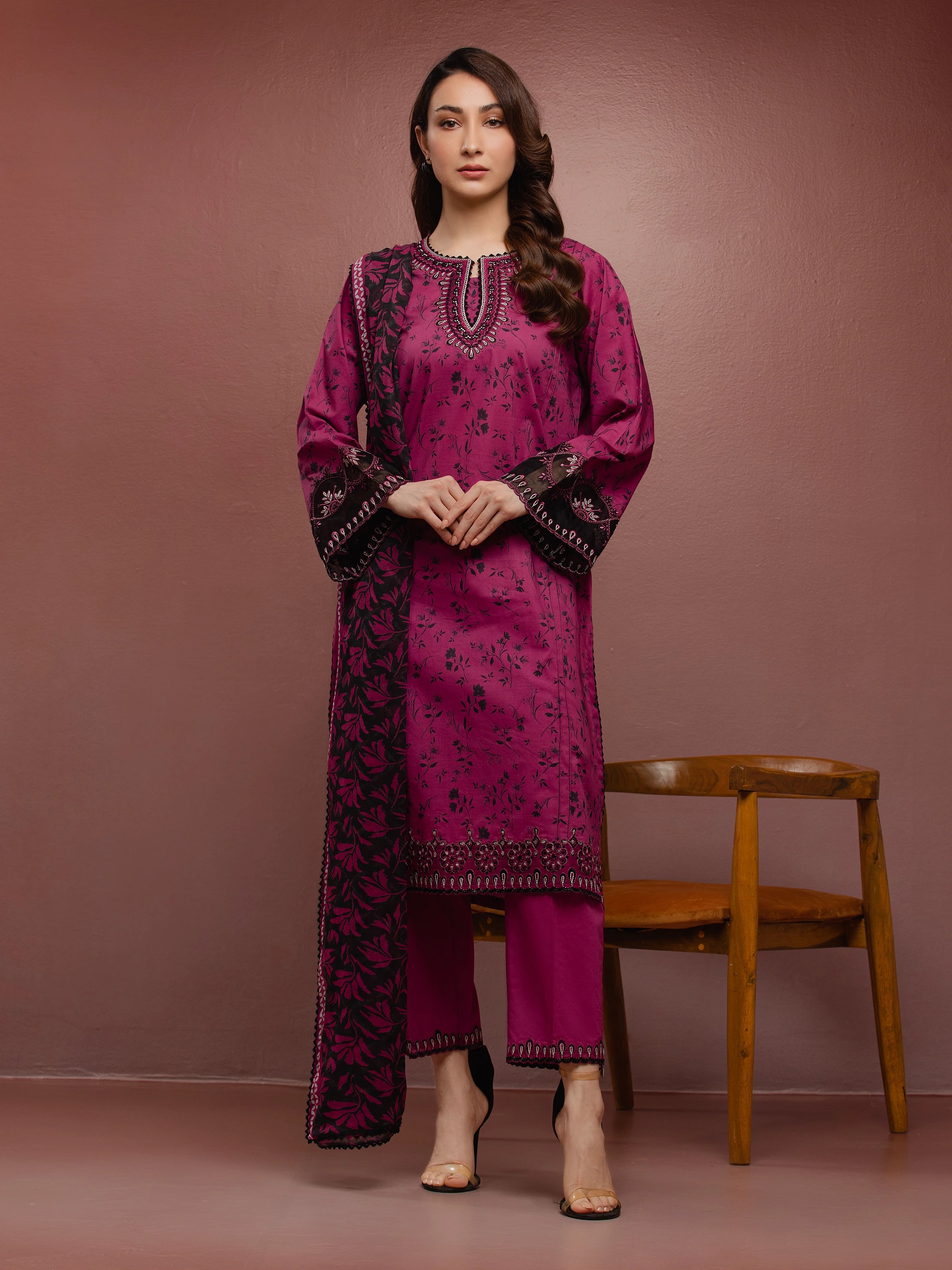 Unstitched Magenta Embroidered Cambric 3 Piece - EWU5V2-31051-3P