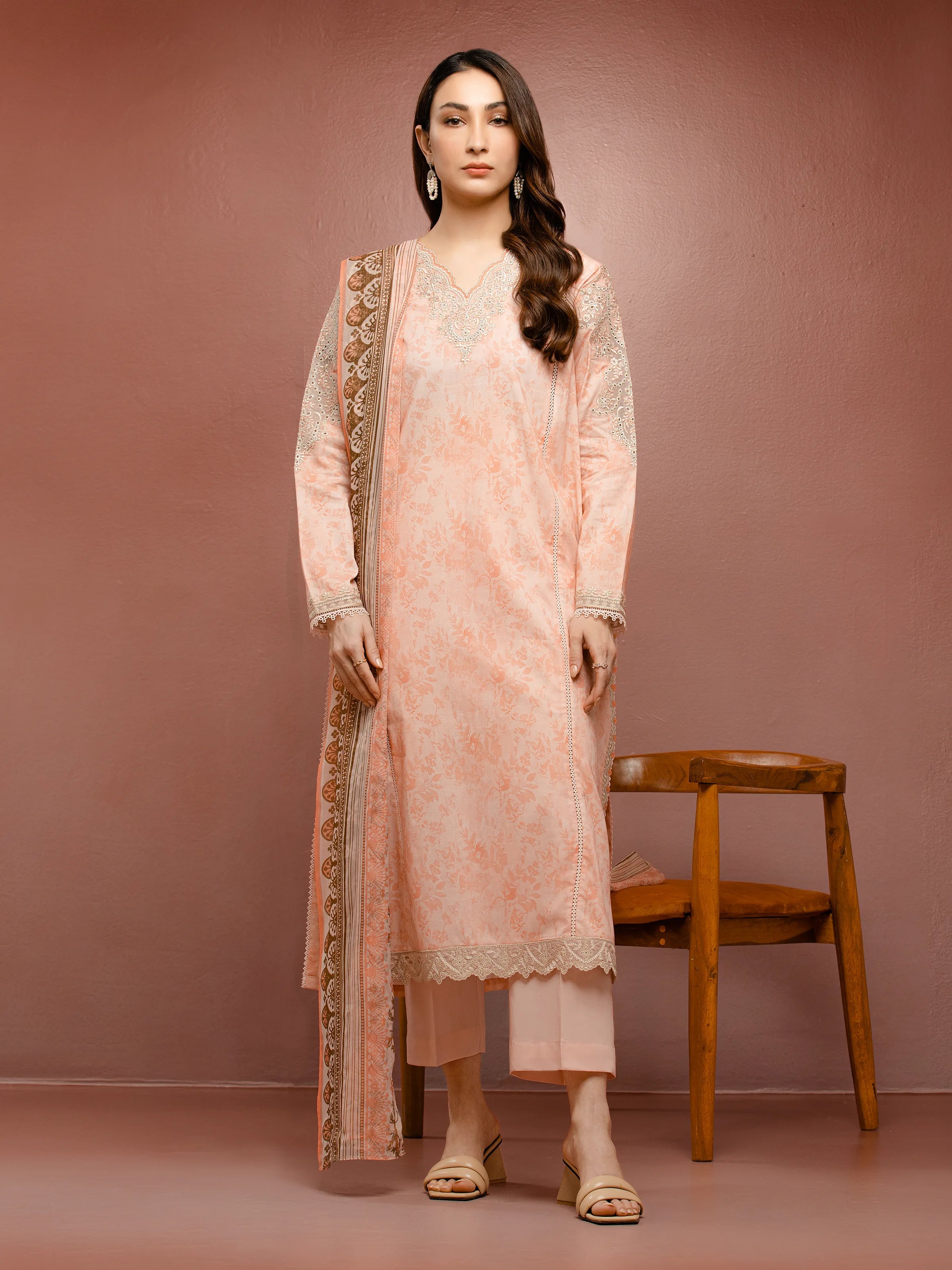 Unstitched Light Peach Embroidered Cambric 3 Piece - EWU5V2-31053-3P