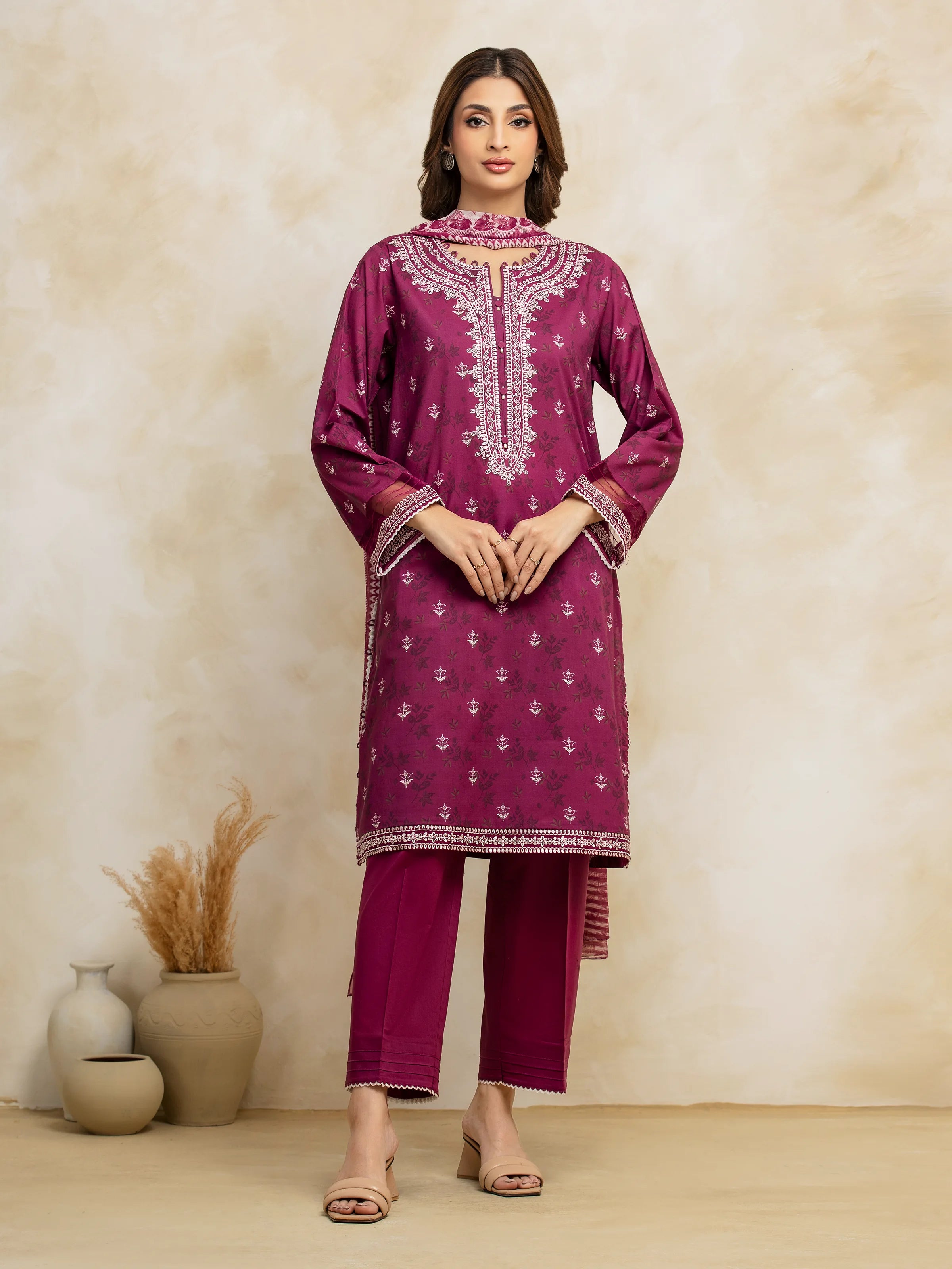 Unstitched Magenta Embroidered Cambric 3 Piece - EWU5V2-31054-3P