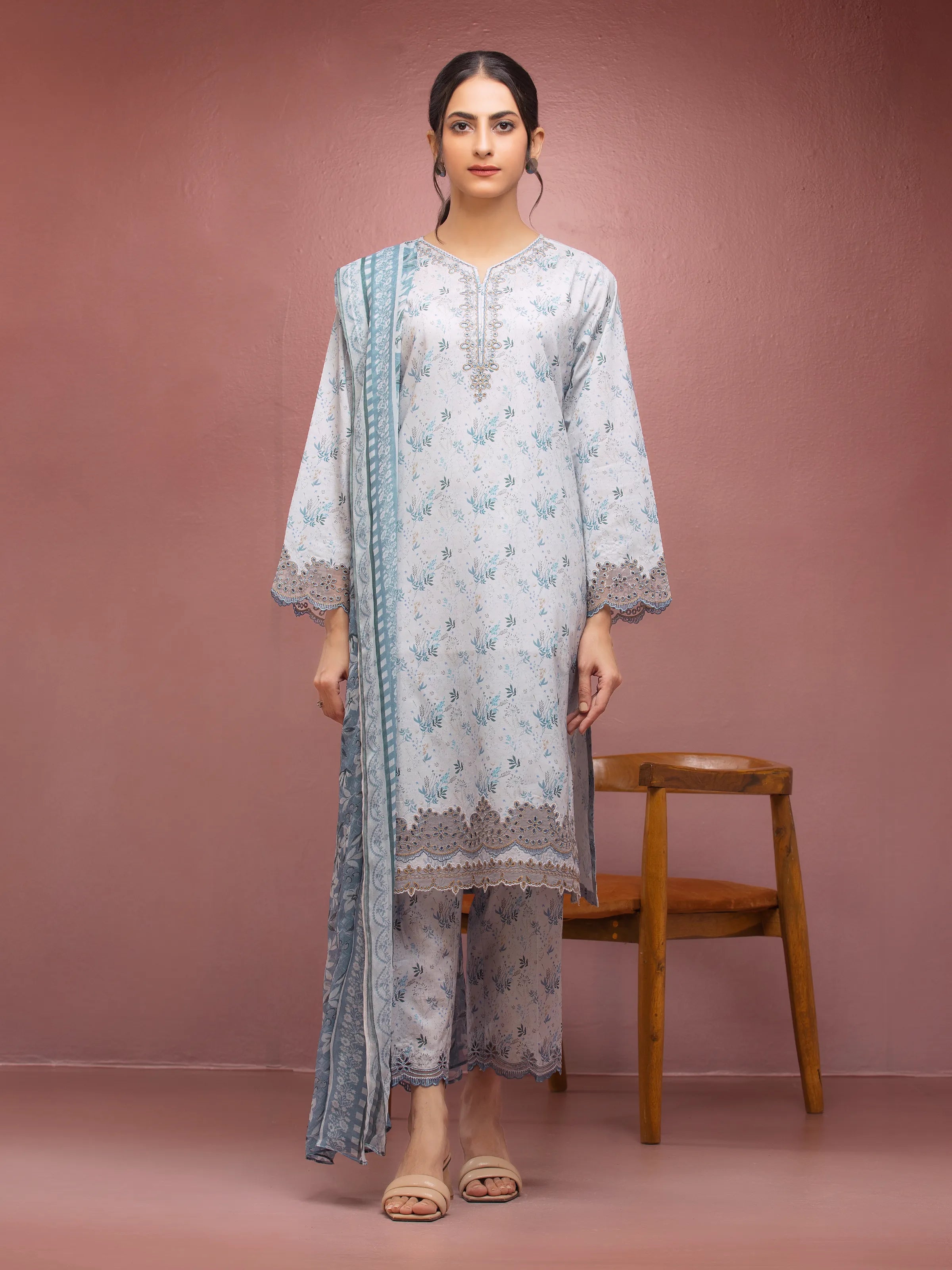 Unstitched Light Blue Embroidered Lawn 3 Piece - EWU5V1-31082-3P